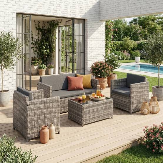 Salon de jardin en résine tressée - Perugia - Nuances de gris. Coussins gris - 4 places - 1 canapé. 2 fauteuils. une table basse | sweeek - Image 1
