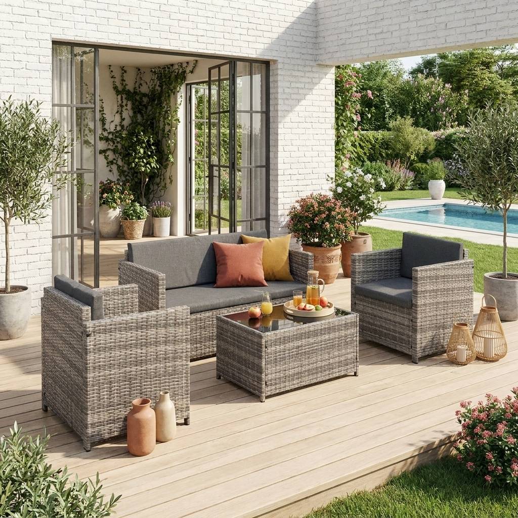 Salon de jardin en résine tressée - Perugia - Nuances de gris. Coussins gris - 4 places - 1 canapé. 2 fauteuils. une table basse | sweeek - Image 1