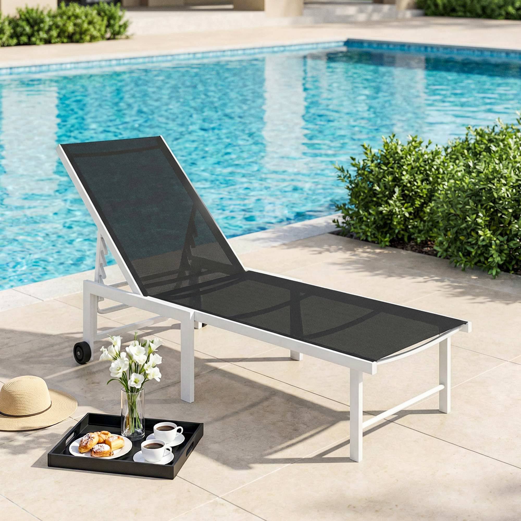 Sans Marque - Tumbona Reclinable de Jardín Extérieur avec Ruedas Respaldo Réglable en 5 Posiciones y Marco de Acero 166x60x84 cm Gris - Image 3