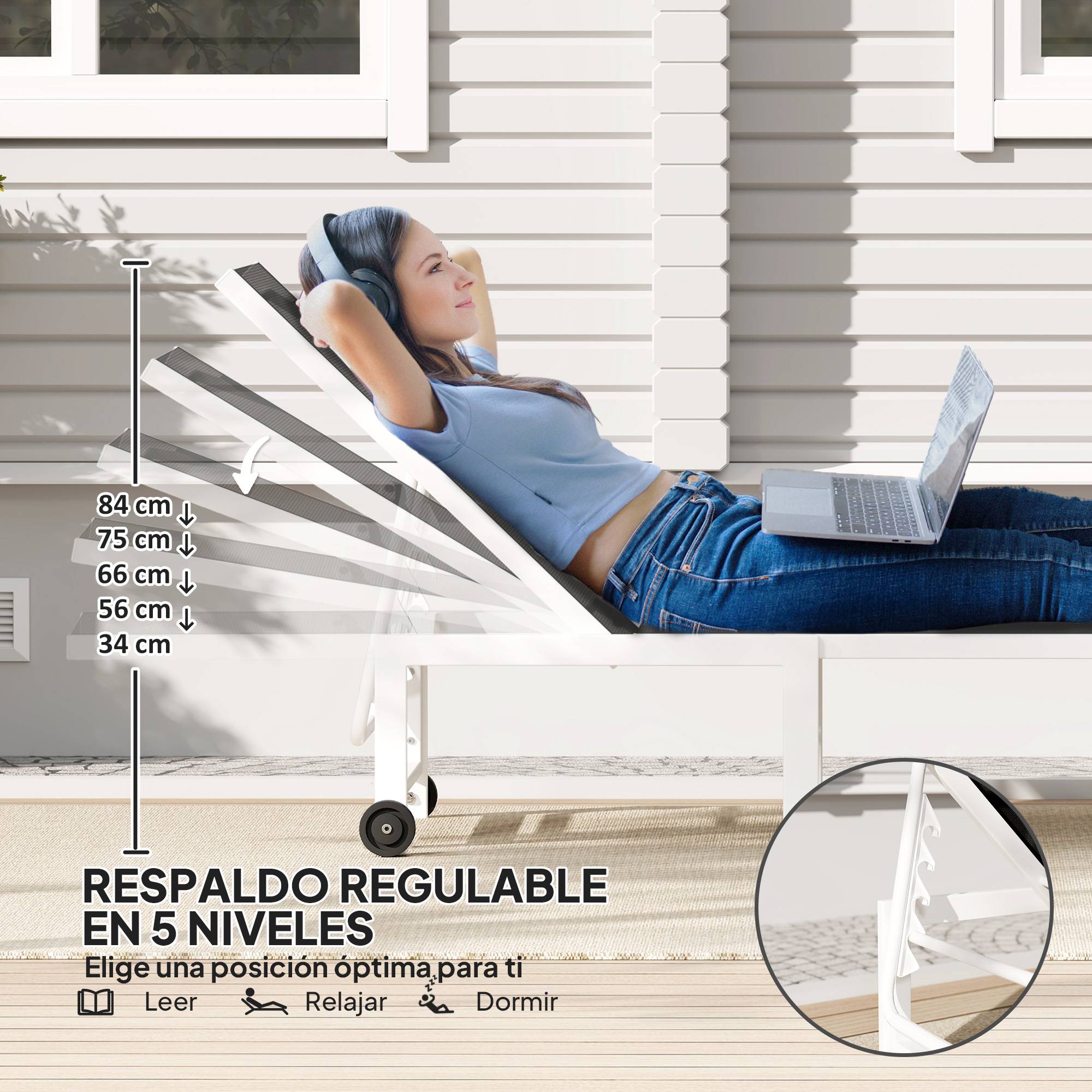 Sans Marque - Tumbona Reclinable de Jardín Extérieur avec Ruedas Respaldo Réglable en 5 Posiciones y Marco de Acero 166x60x84 cm Gris - Image 6