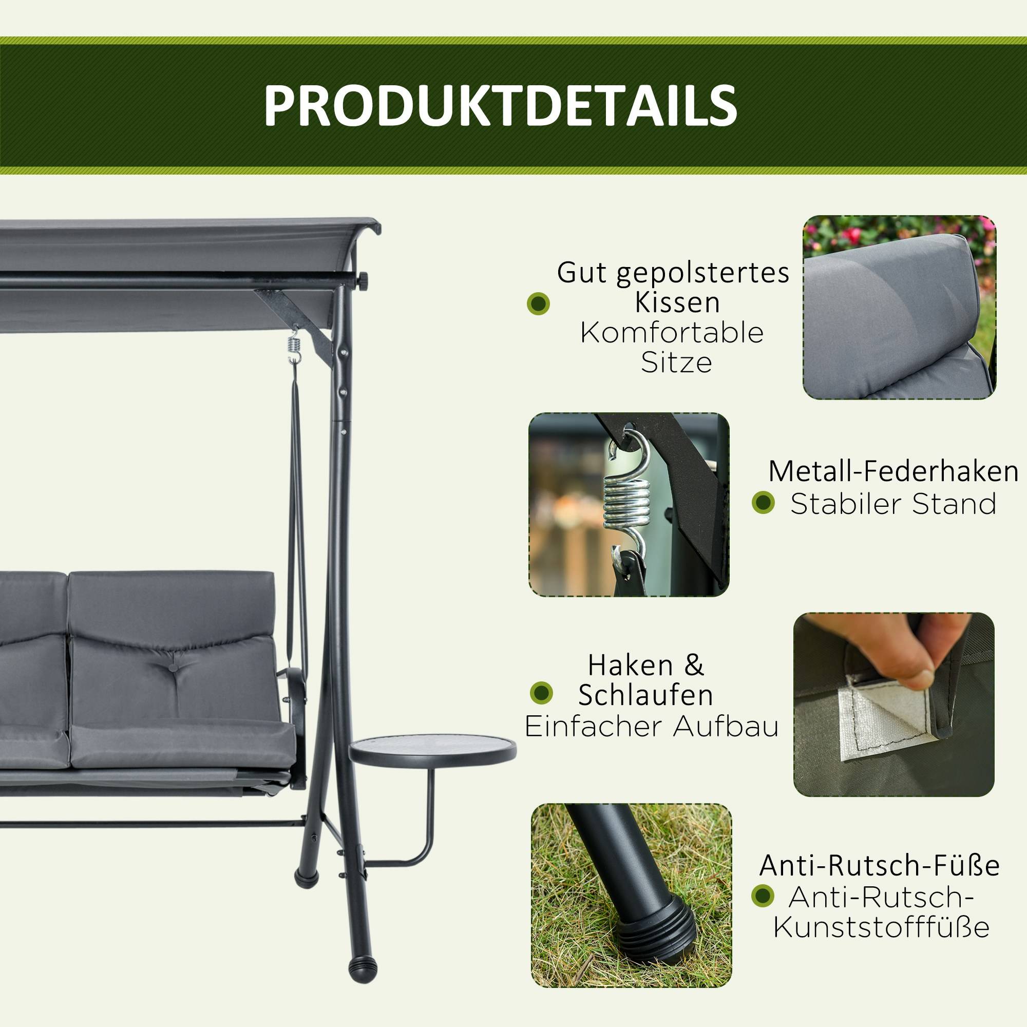 Balancelle de jardin 3 places Acier pour terrasse Toit réglable et tablettes 271x125x172 Gris - ComfortXL Outdoor Living - Image 8