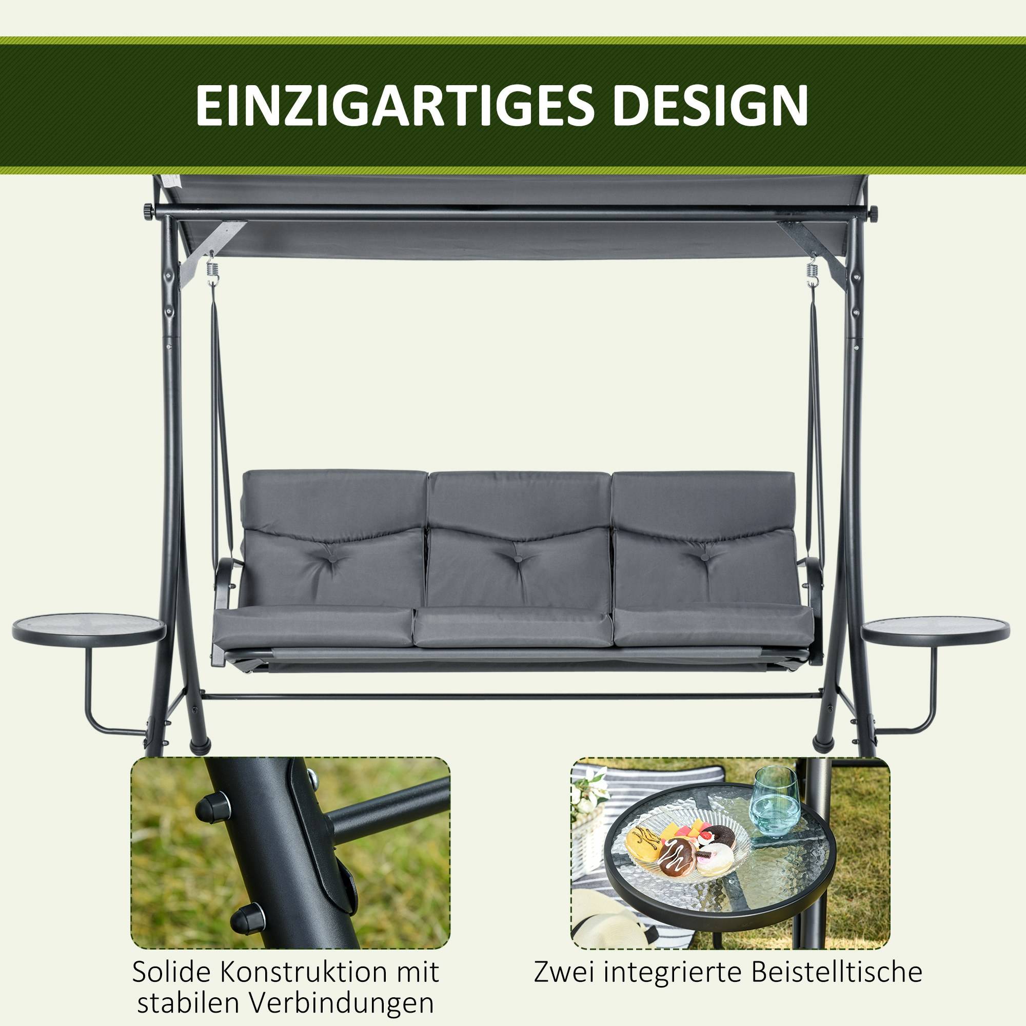 Balancelle de jardin 3 places Acier pour terrasse Toit réglable et tablettes 271x125x172 Gris - ComfortXL Outdoor Living - Image 7