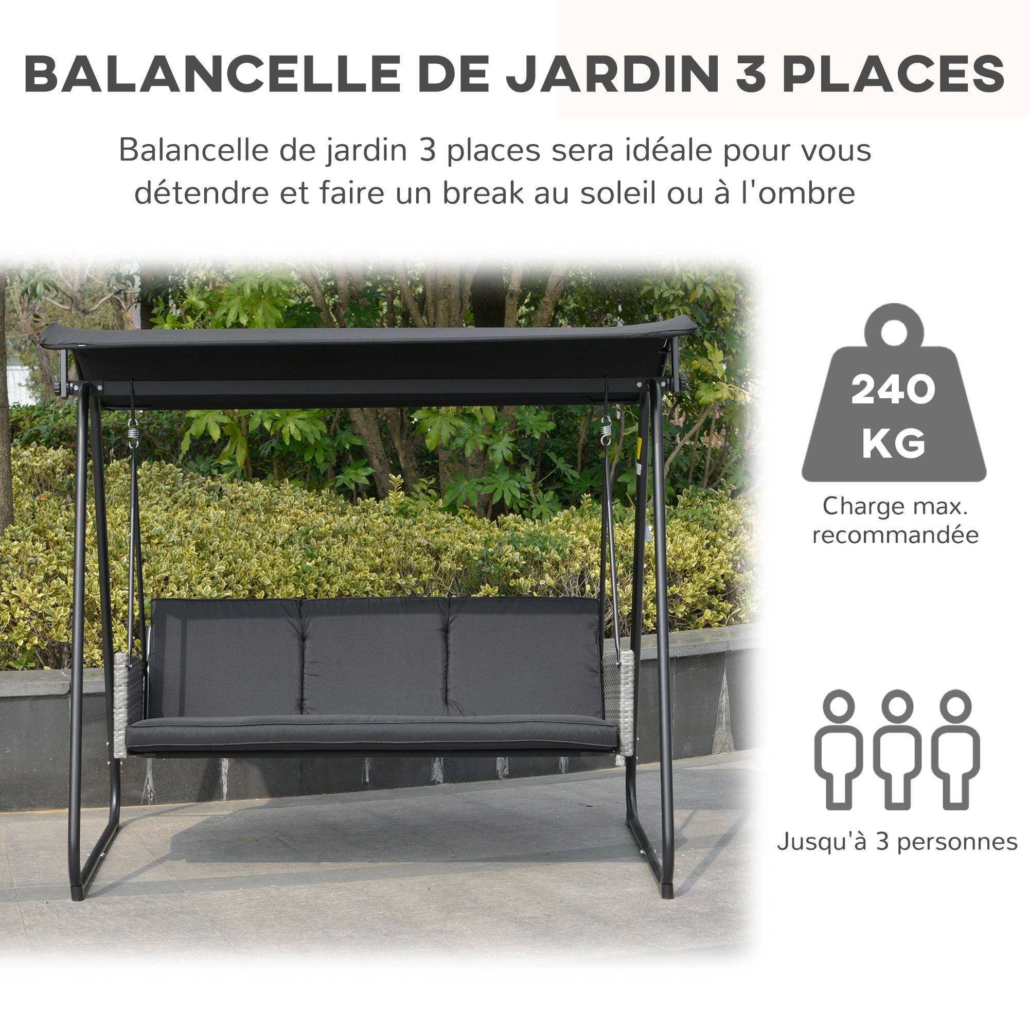 Outsunny - Balancelle de jardin 3 places auvent inclinaison réglable coussins assise et dossier résine tressée grise acier époxy polyester noir - Outsunny - Imagen 4
