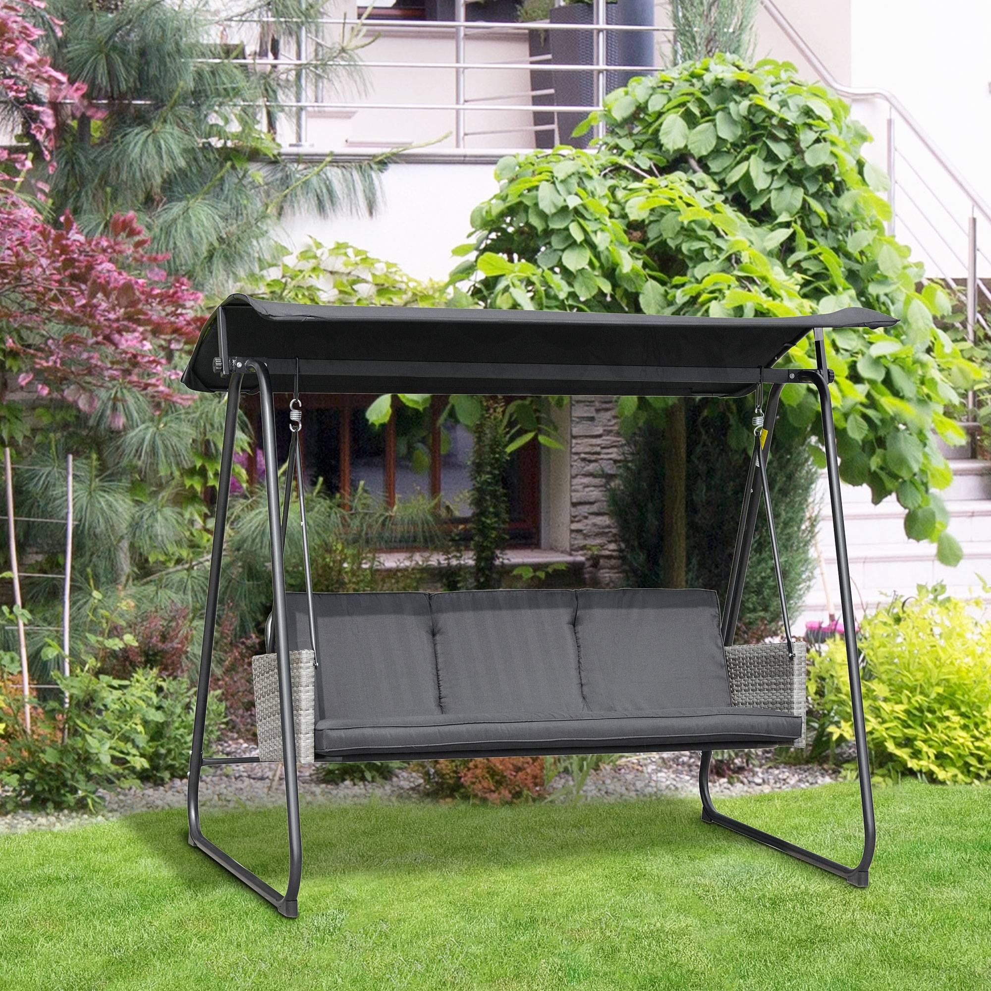 Outsunny - Balancelle de jardin 3 places auvent inclinaison réglable coussins assise et dossier résine tressée grise acier époxy polyester noir - Outsunny - Imagen 2