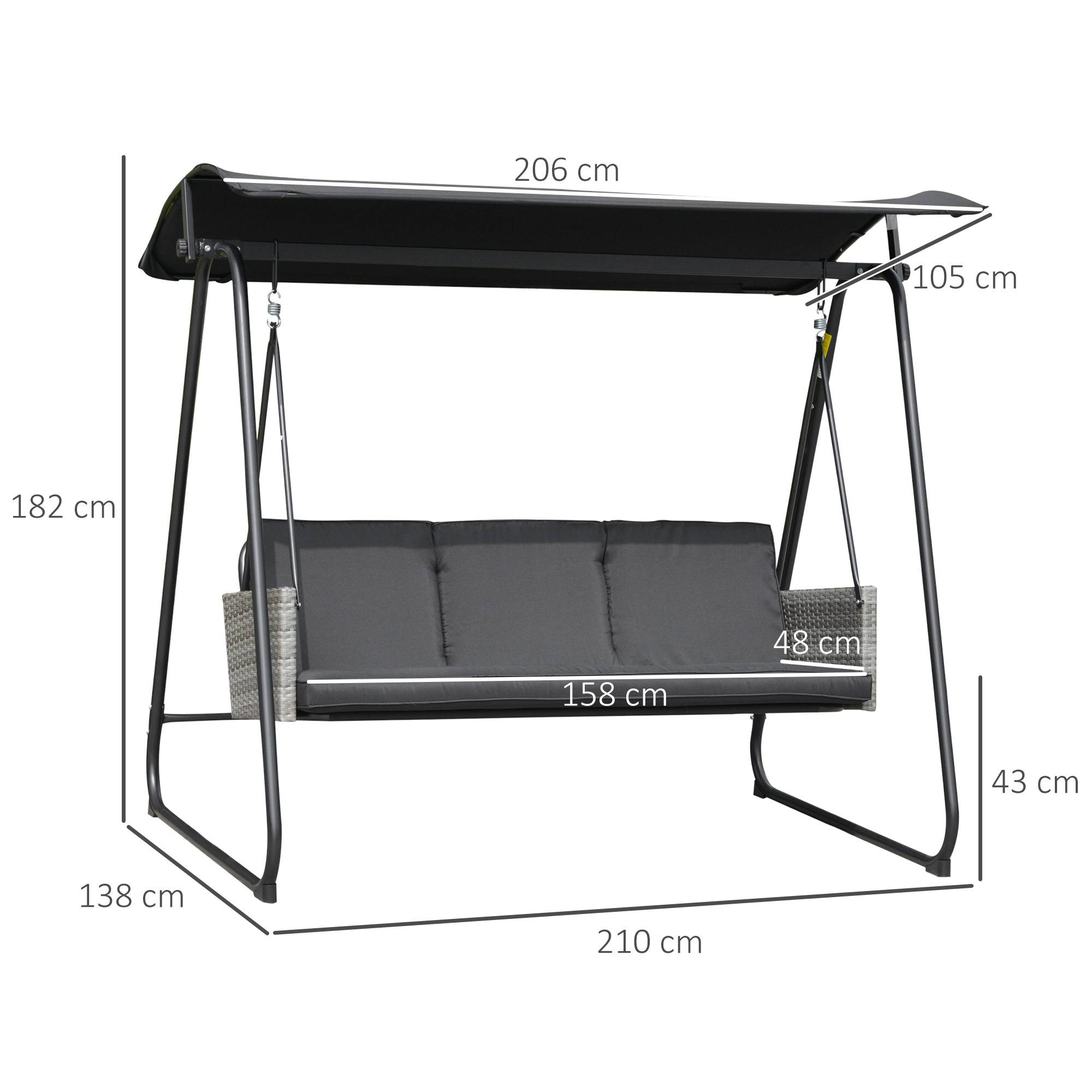 Outsunny - Balancelle de jardin 3 places auvent inclinaison réglable coussins assise et dossier résine tressée grise acier époxy polyester noir - Outsunny - Imagen 3