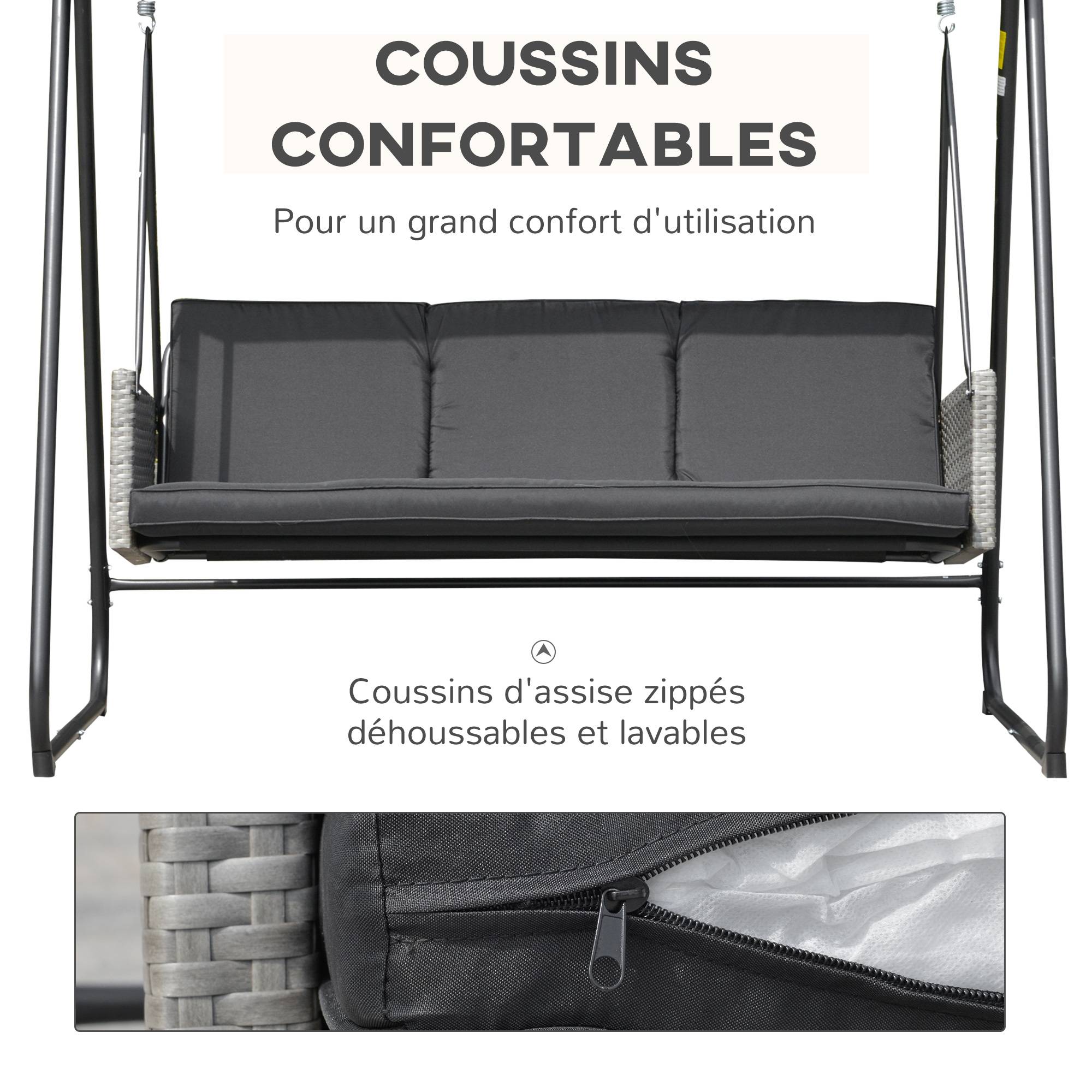 Outsunny - Balancelle de jardin 3 places auvent inclinaison réglable coussins assise et dossier résine tressée grise acier époxy polyester noir - Outsunny - Imagen 6