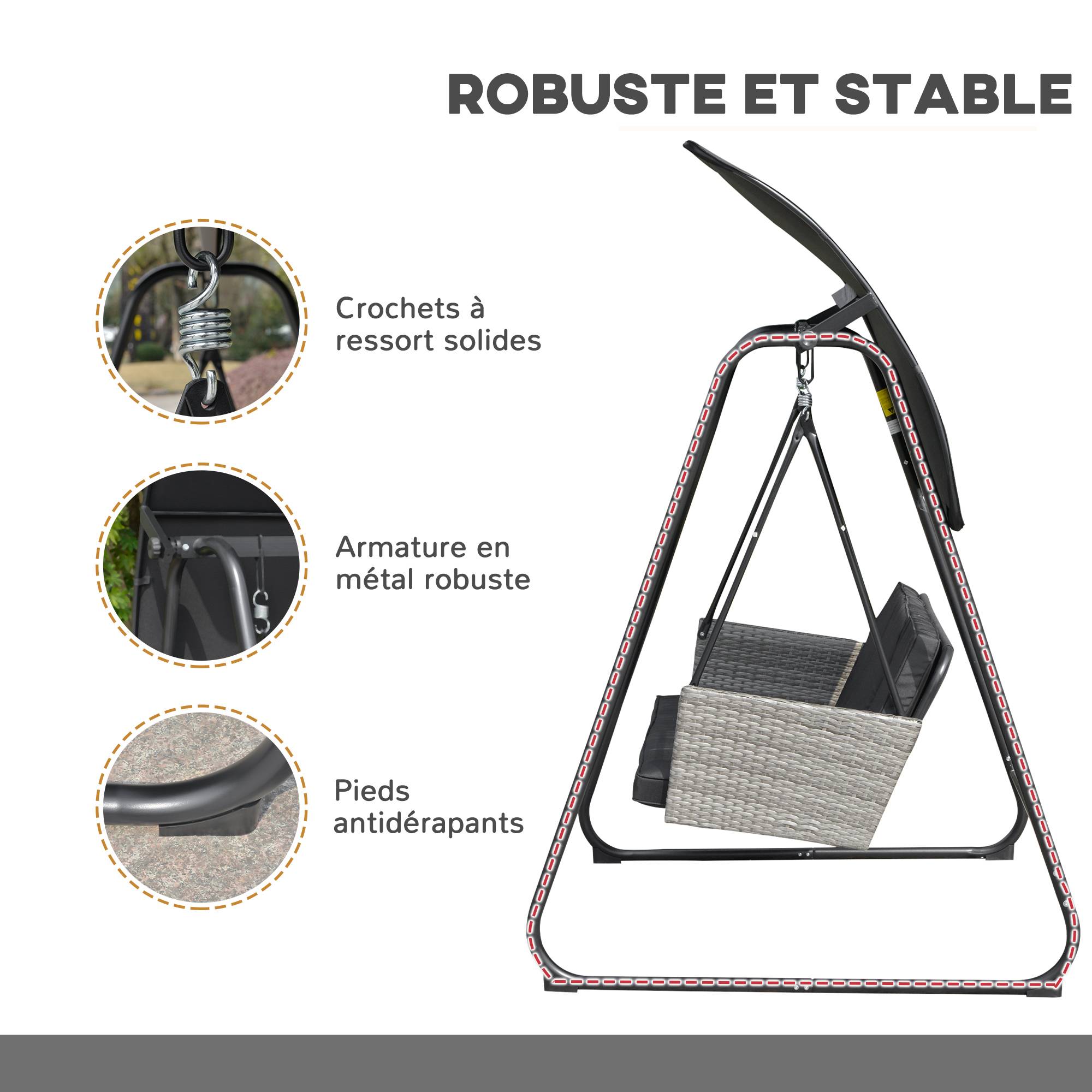 Outsunny - Balancelle de jardin 3 places auvent inclinaison réglable coussins assise et dossier résine tressée grise acier époxy polyester noir - Outsunny - Imagen 7