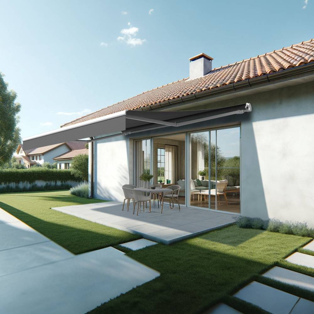 Store banne monobloc ESPAI 5,00x3,00m (Motorisé à interrupteur + manœuvre de secours - Gris Graphite - Blanc) - Alia Productions - Imagen 1