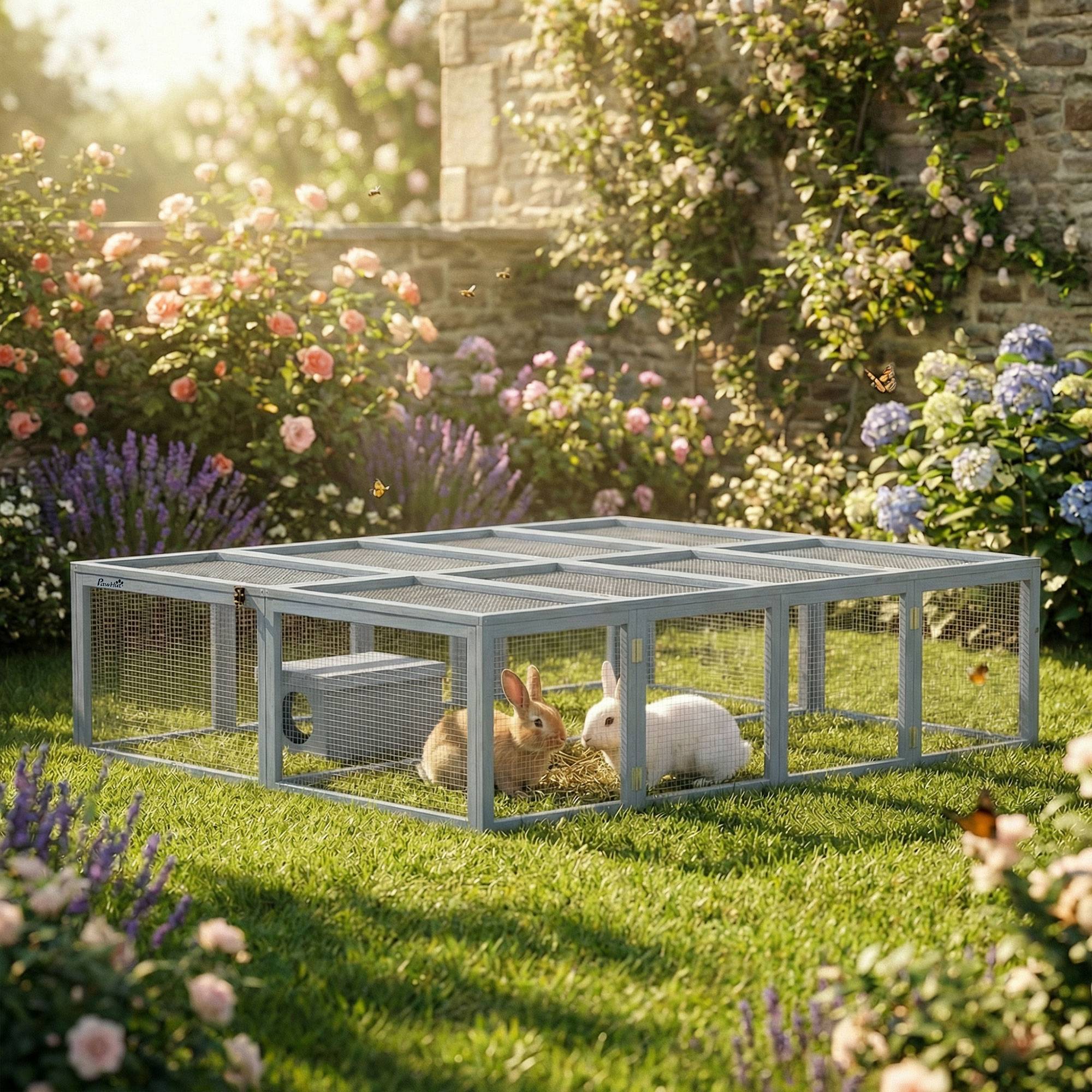 Clapier en bois à 2 portes, abri pour 2 à 4 lapins nains, 180,4 x 150 x 48 cm, gris - Image 9
