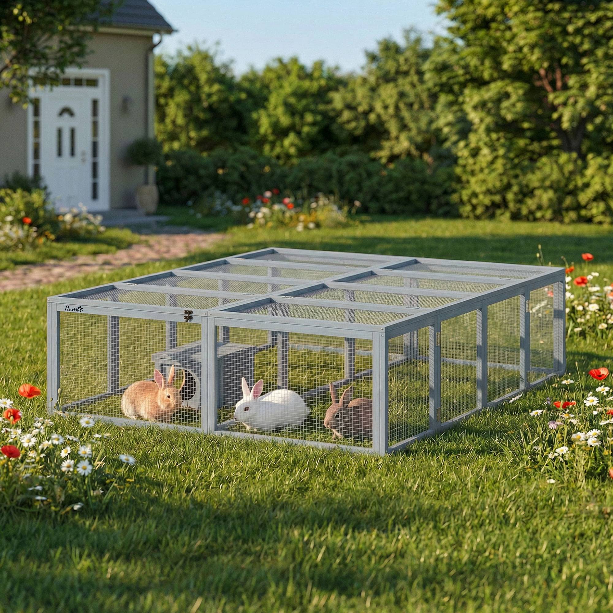 Clapier en bois à 2 portes, abri pour 2 à 4 lapins nains, 180,4 x 150 x 48 cm, gris - Image 3