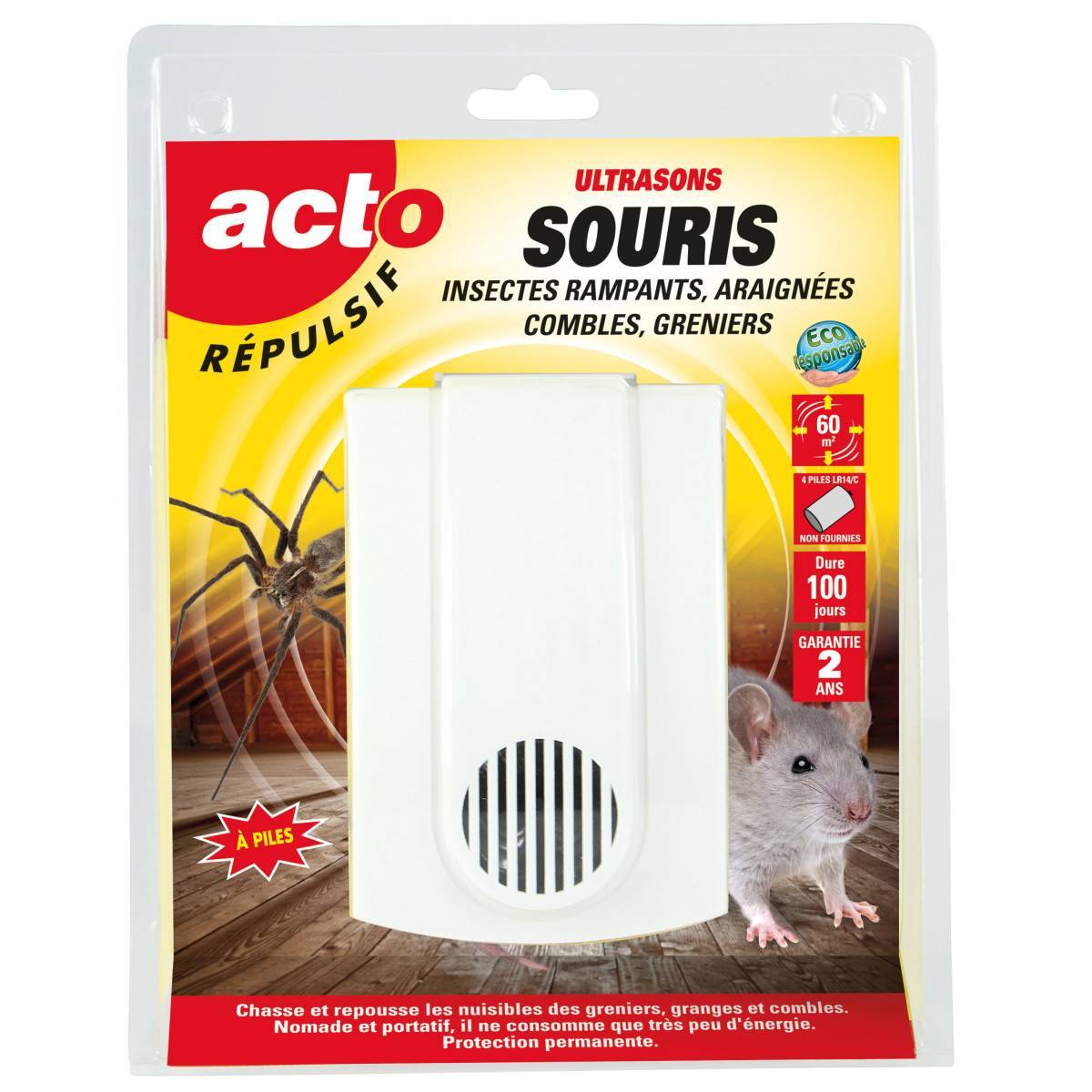Acto - RETRO Répulsif Ultrasons Souris, Insectes rampants, Araignées spécial Combles et Greniers - Image 1