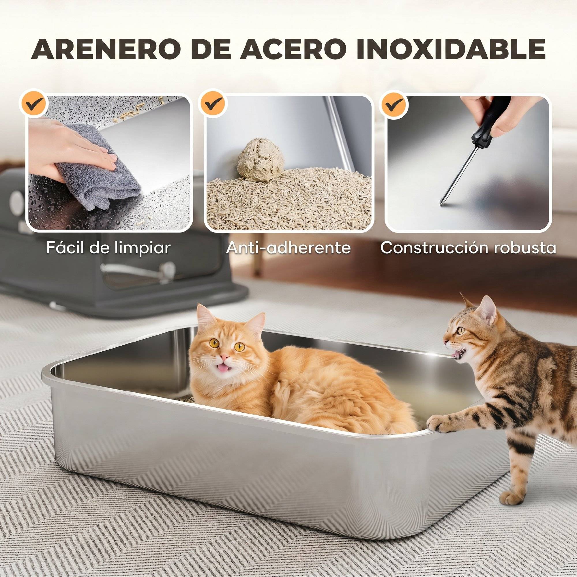 Litière chat acier inoxydable XXL couvercle rabattable côtés hauts entrée haute pelle noir - Image 6