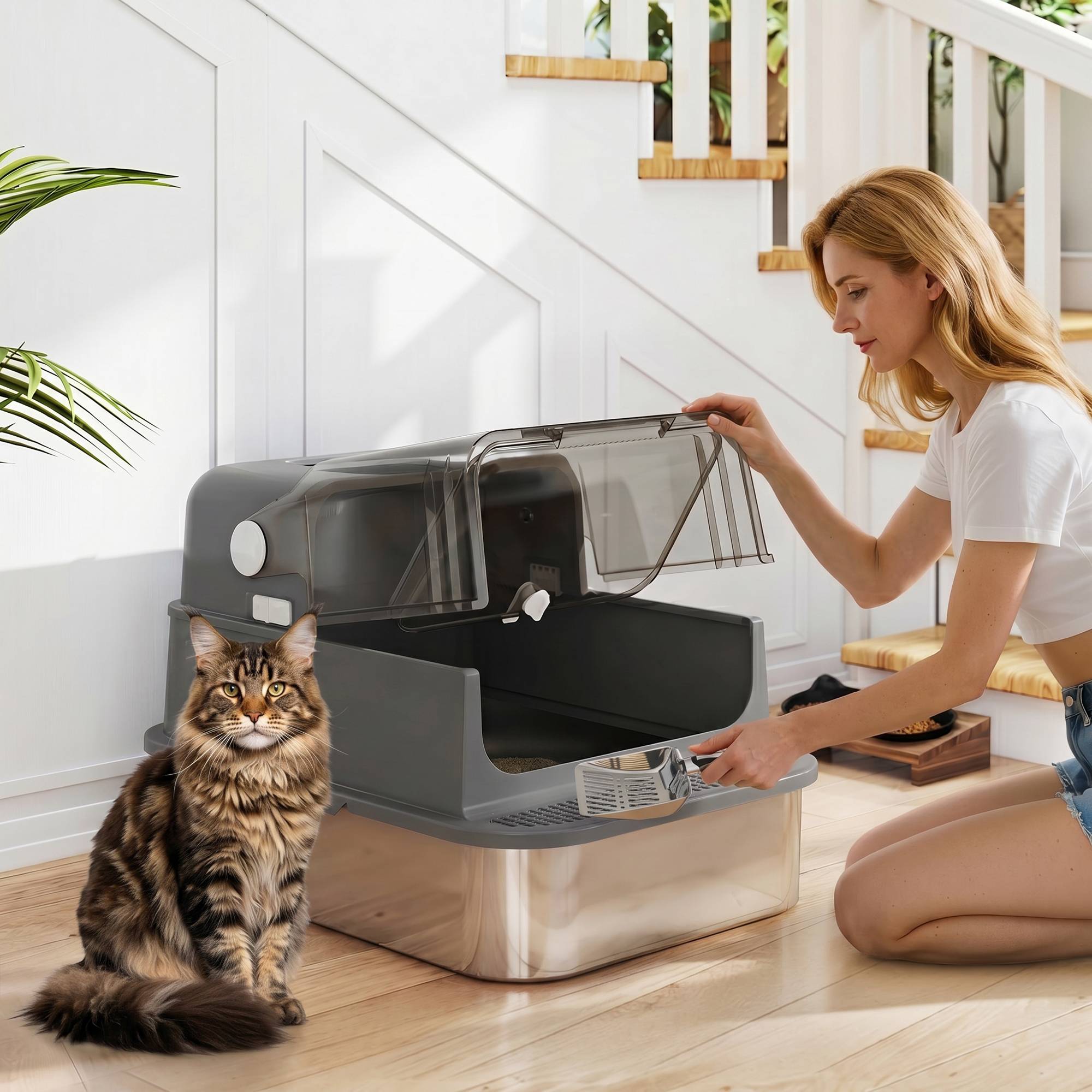 Litière chat acier inoxydable XXL couvercle rabattable côtés hauts entrée haute pelle noir - Image 3