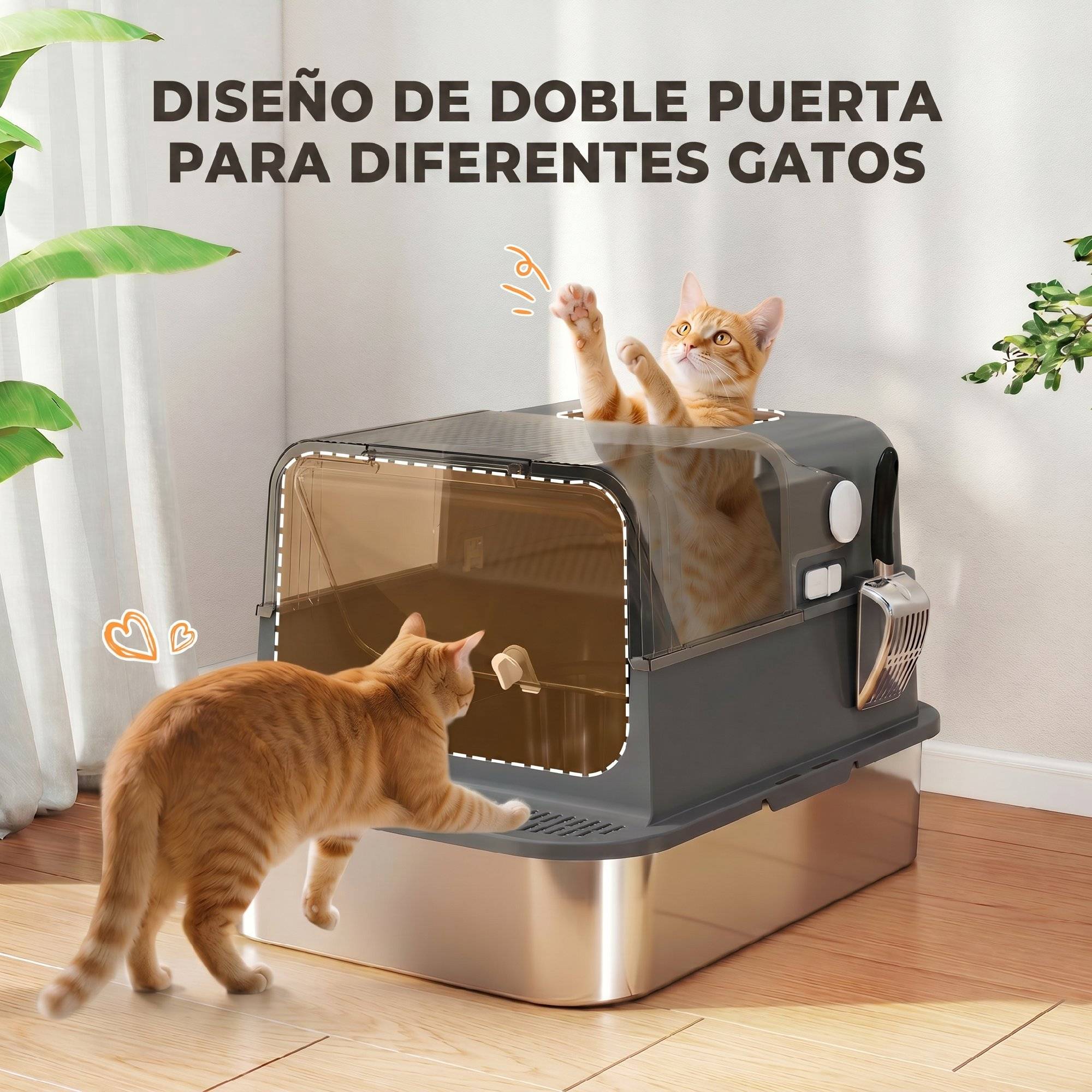 Litière chat acier inoxydable XXL couvercle rabattable côtés hauts entrée haute pelle noir - Image 9