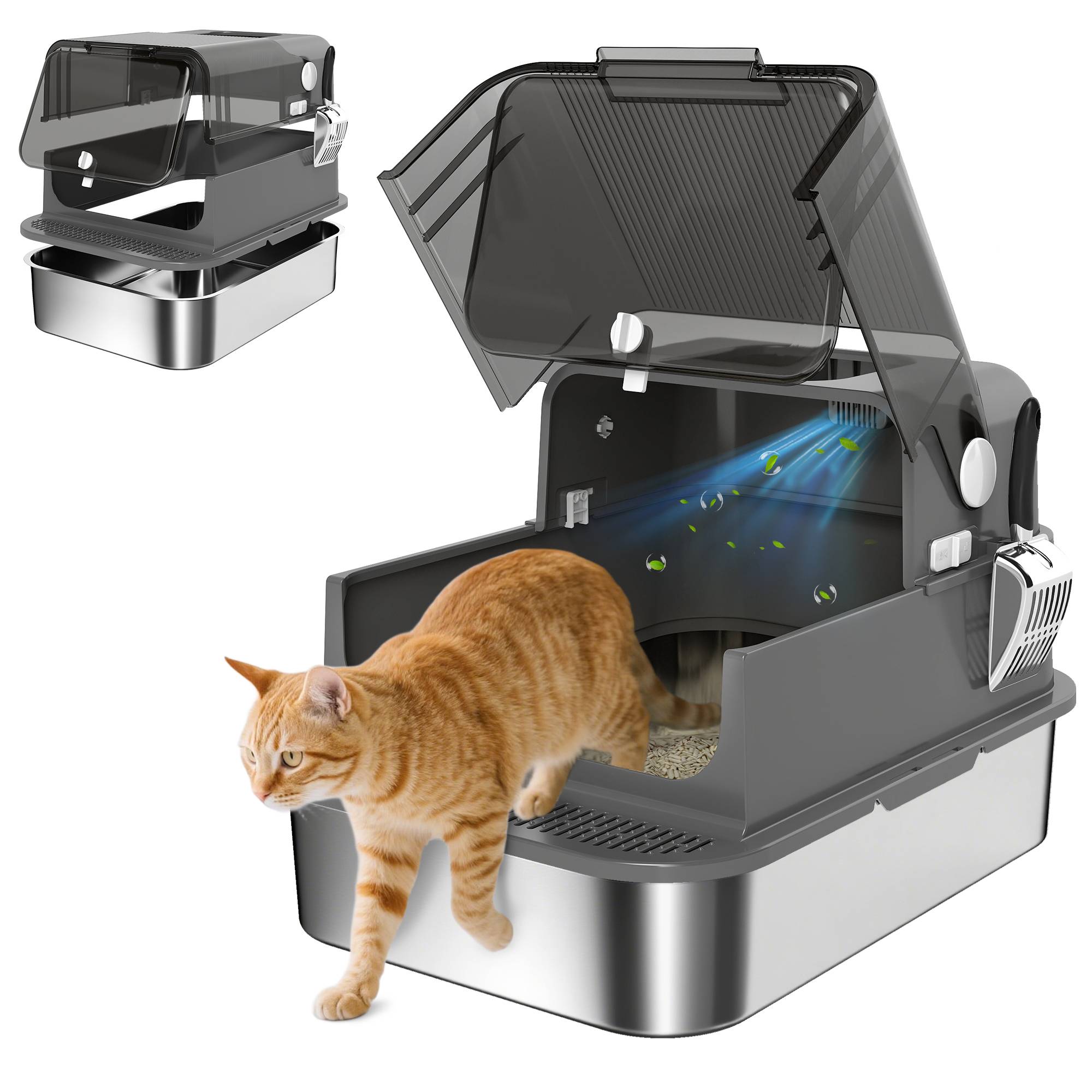Litière chat acier inoxydable XXL couvercle rabattable côtés hauts entrée haute pelle noir - Image 1