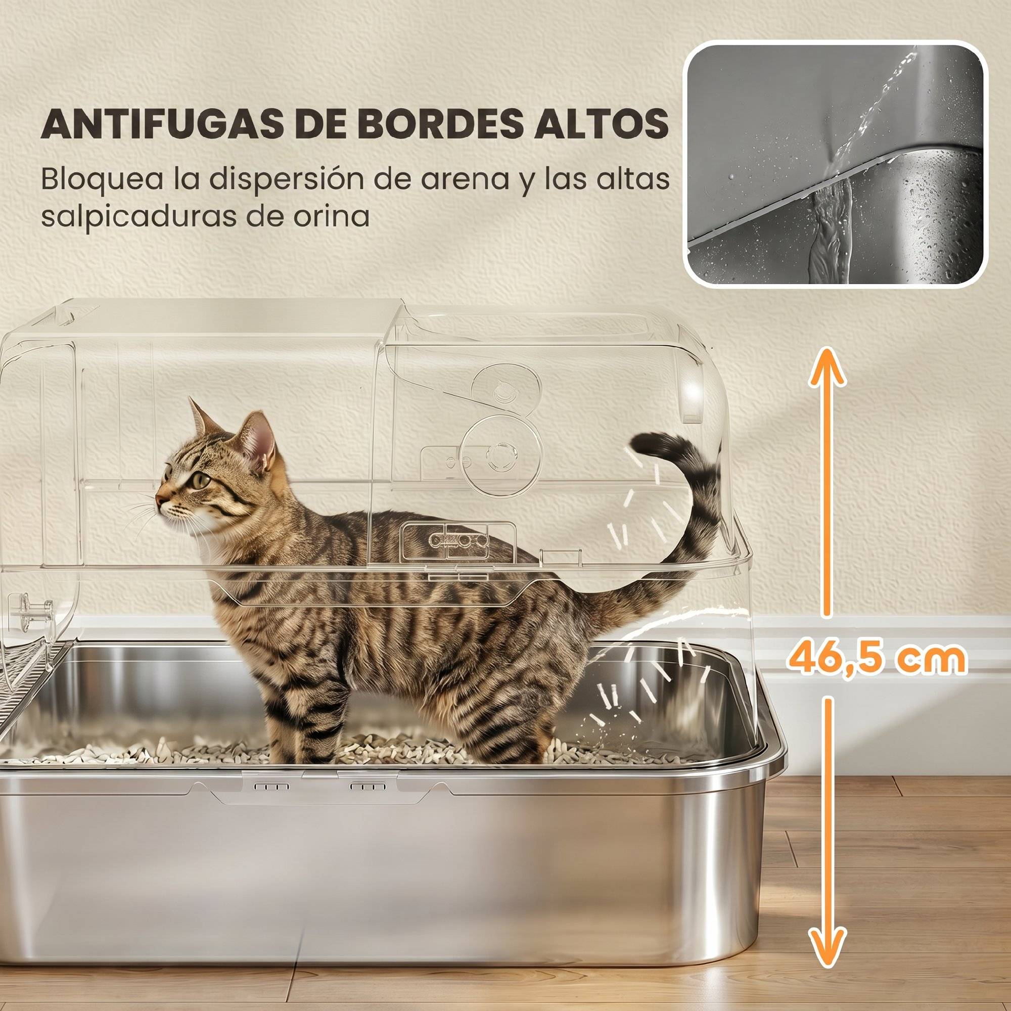 Litière chat acier inoxydable XXL couvercle rabattable côtés hauts entrée haute pelle noir - Image 7
