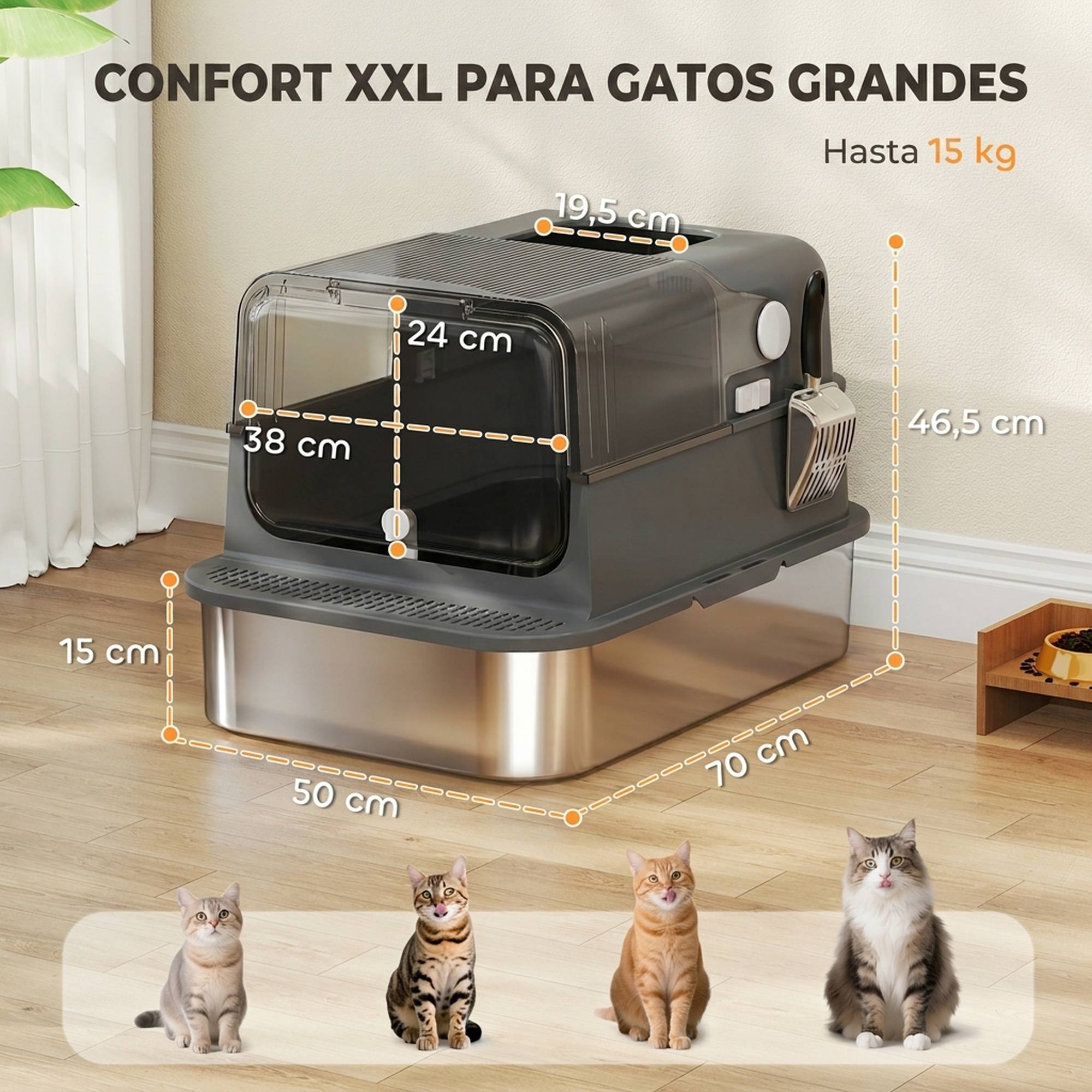 Litière chat acier inoxydable XXL couvercle rabattable côtés hauts entrée haute pelle noir - Image 5