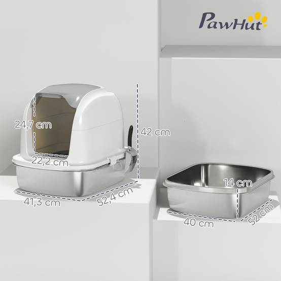 Maison de Toilette XL Acier Inoxydable Fermée pour Chat avec Couvercle Abattant et Pelle Blanc - ComfortXL Outdoor Living - Image 5