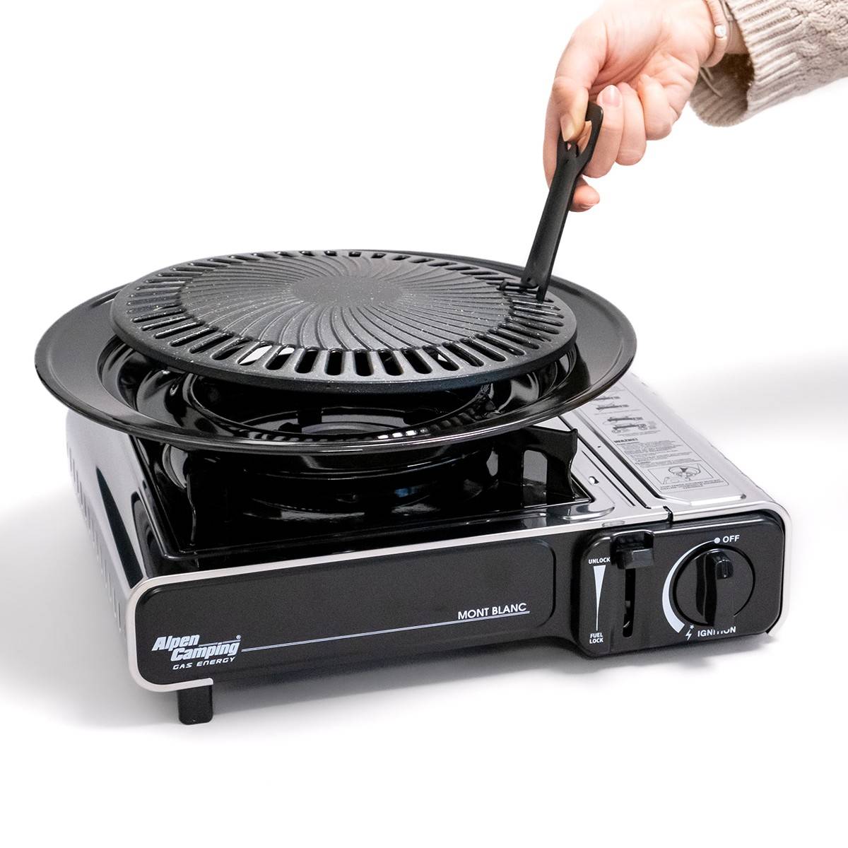 Barbecue gaz Grill 2en1 Réchaud gaz piezo 2200W + Grille + 4 cartouches gaz 250g Butane Camping ALPEN - Imagen 3