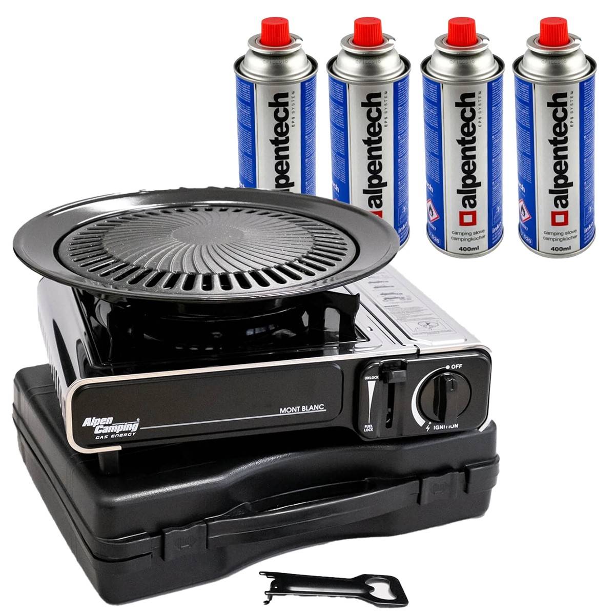 Barbecue gaz Grill 2en1 Réchaud gaz piezo 2200W + Grille + 4 cartouches gaz 250g Butane Camping ALPEN - Imagen 1