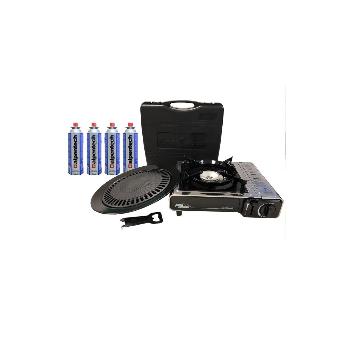 Barbecue gaz Grill 2en1 Réchaud gaz piezo 2200W + Grille + 4 cartouches gaz 250g Butane Camping ALPEN - Imagen 2