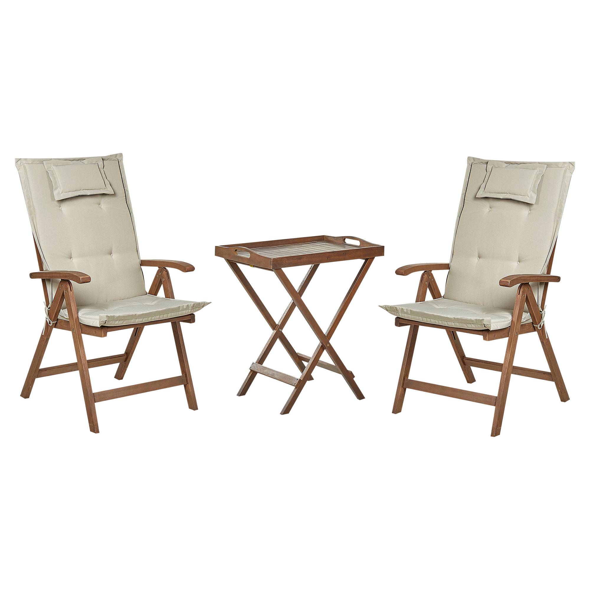 Beliani - Set de Jardin ou Terrasse en Bois d'Acacia Foncé Table et 2 Chaises Inclinables et Pliantes avec Coussins Taupe pour Tout Usage - Imagen 1