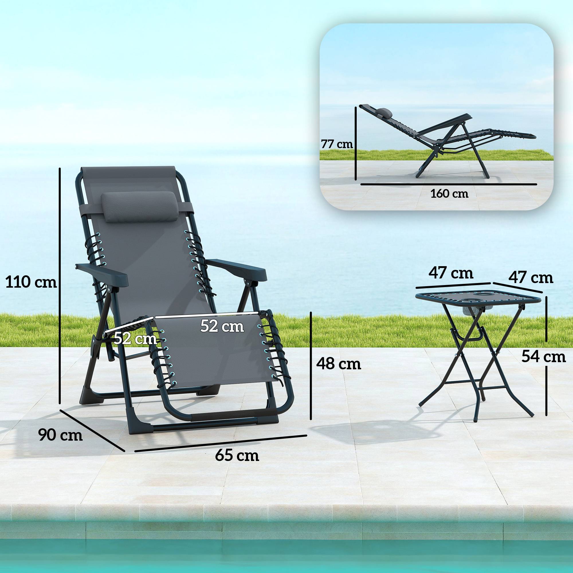 Sans Marque - Lot de 2 chaise longue pliable et inclinable avec table d'appoint, porte-gobelets et appuie-têtes, charge 120 kg, gris - Image 5