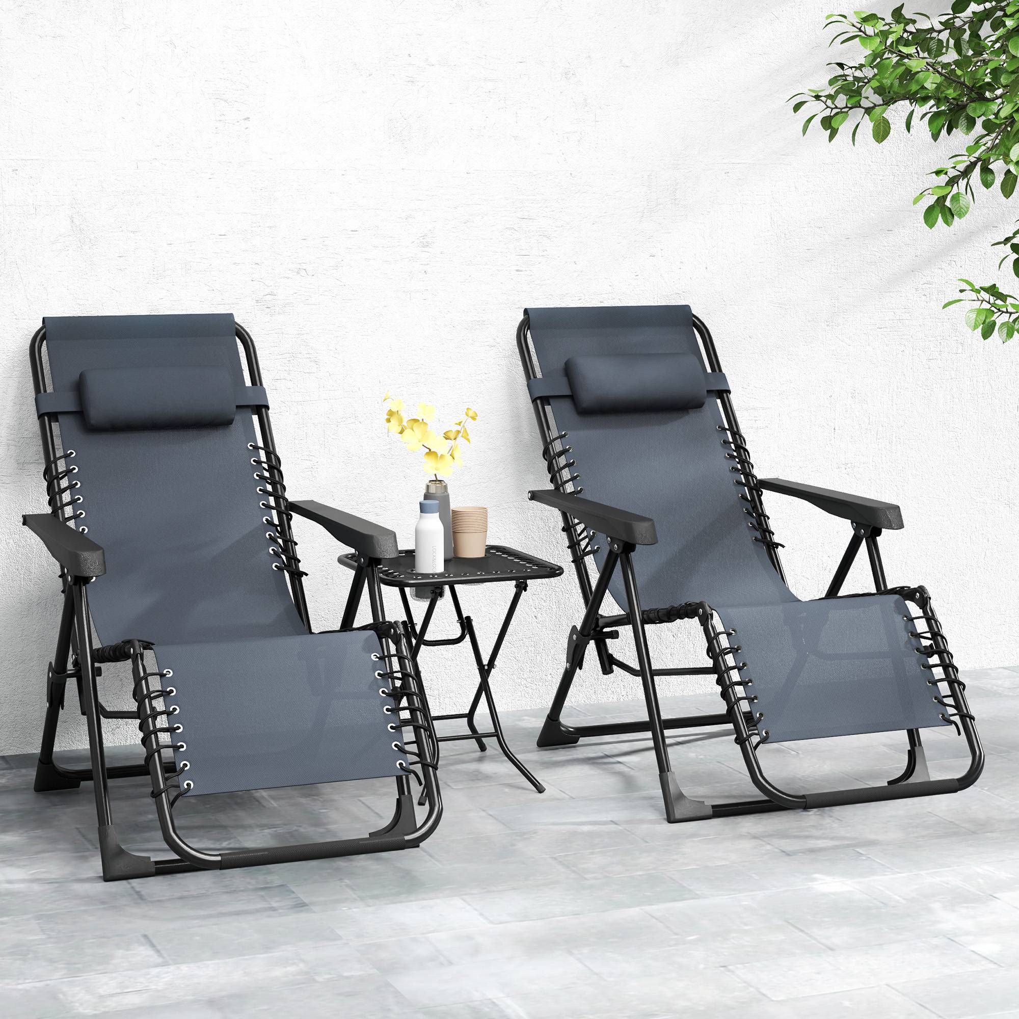 Sans Marque - Lot de 2 chaise longue pliable et inclinable avec table d'appoint, porte-gobelets et appuie-têtes, charge 120 kg, gris - Image 4