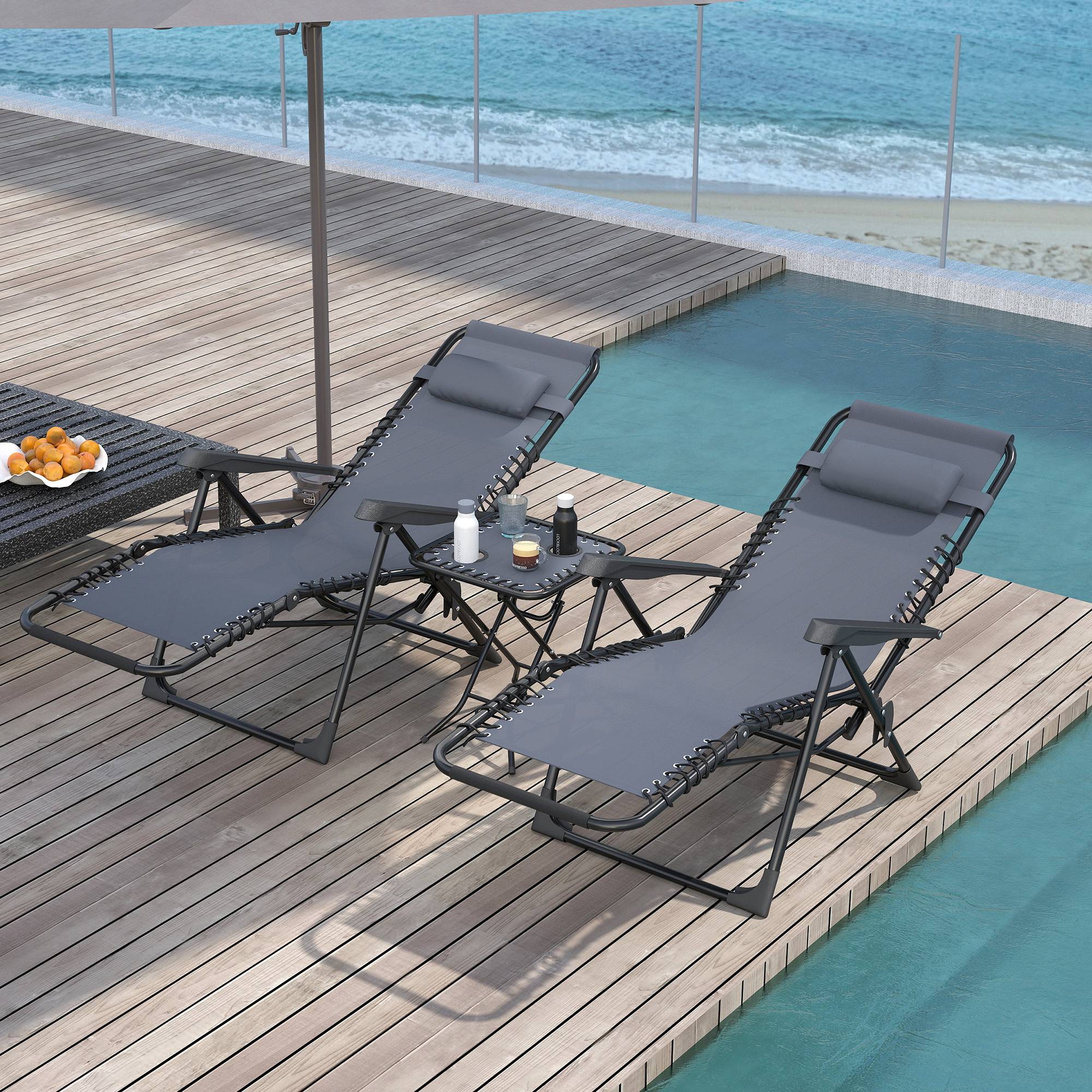 Sans Marque - Lot de 2 chaise longue pliable et inclinable avec table d'appoint, porte-gobelets et appuie-têtes, charge 120 kg, gris - Image 3