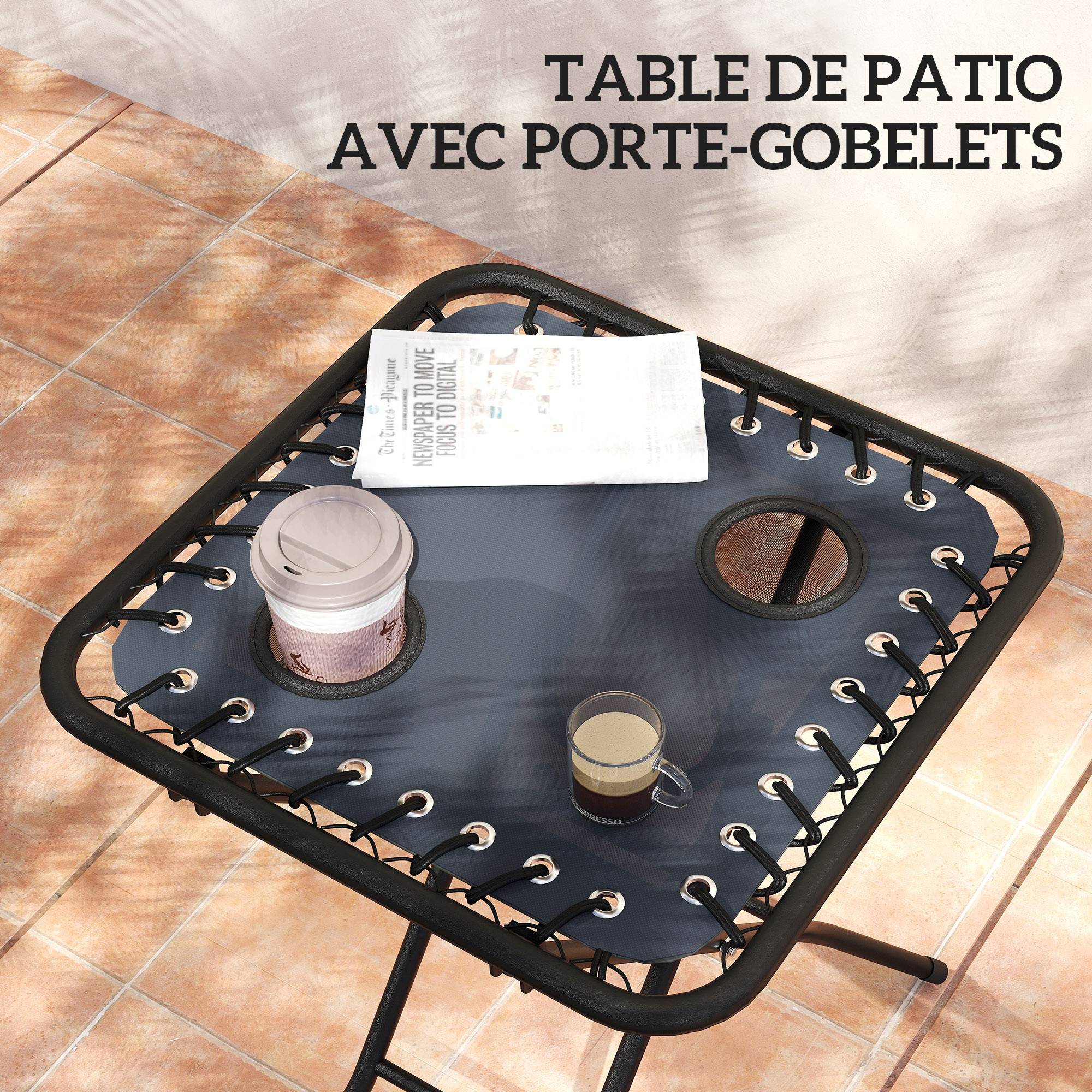 Sans Marque - Lot de 2 chaise longue pliable et inclinable avec table d'appoint, porte-gobelets et appuie-têtes, charge 120 kg, gris - Image 7