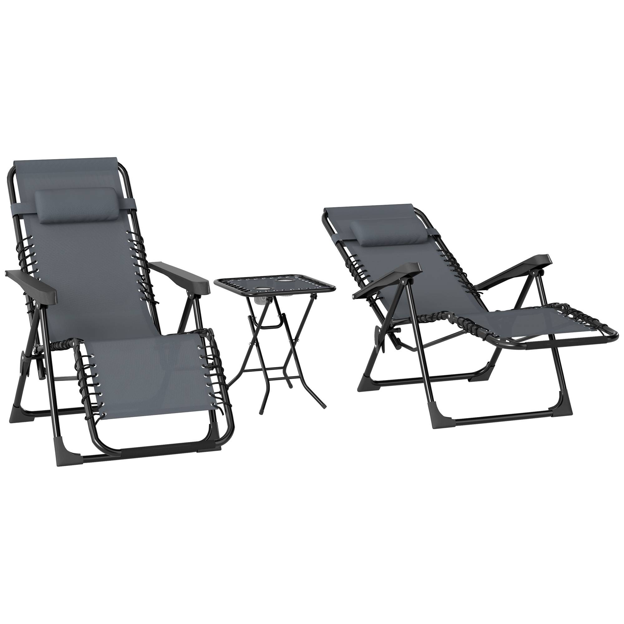 Sans Marque - Lot de 2 chaise longue pliable et inclinable avec table d'appoint, porte-gobelets et appuie-têtes, charge 120 kg, gris - Image 2