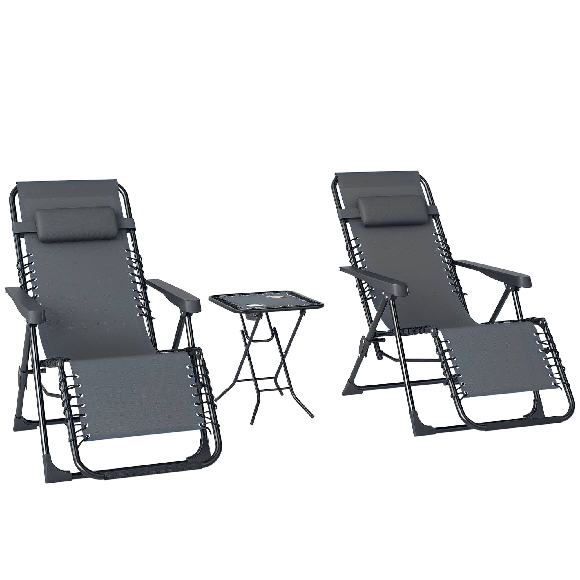Sans Marque - Lot de 2 chaise longue pliable et inclinable avec table d'appoint, porte-gobelets et appuie-têtes, charge 120 kg, gris - Image 1