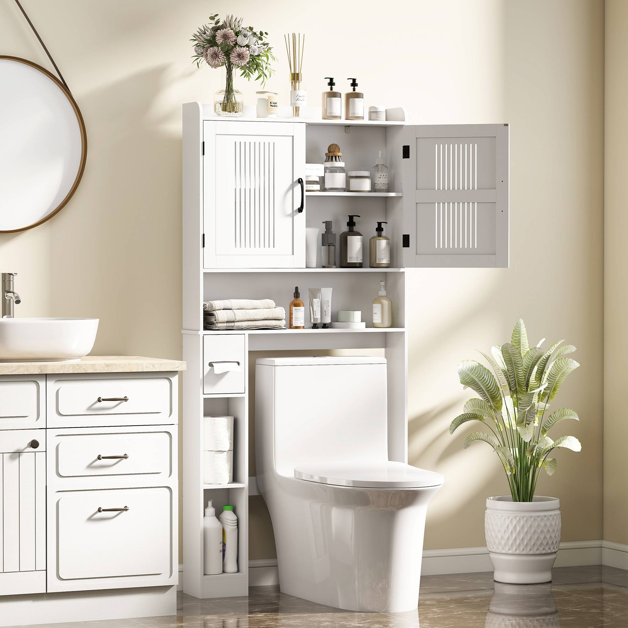 Sans Marque - Étagère suspendre dessus toilettes tablette réglable 2 portes porte-papier toilette étagères ouvertes salle bain blanche - Image 3