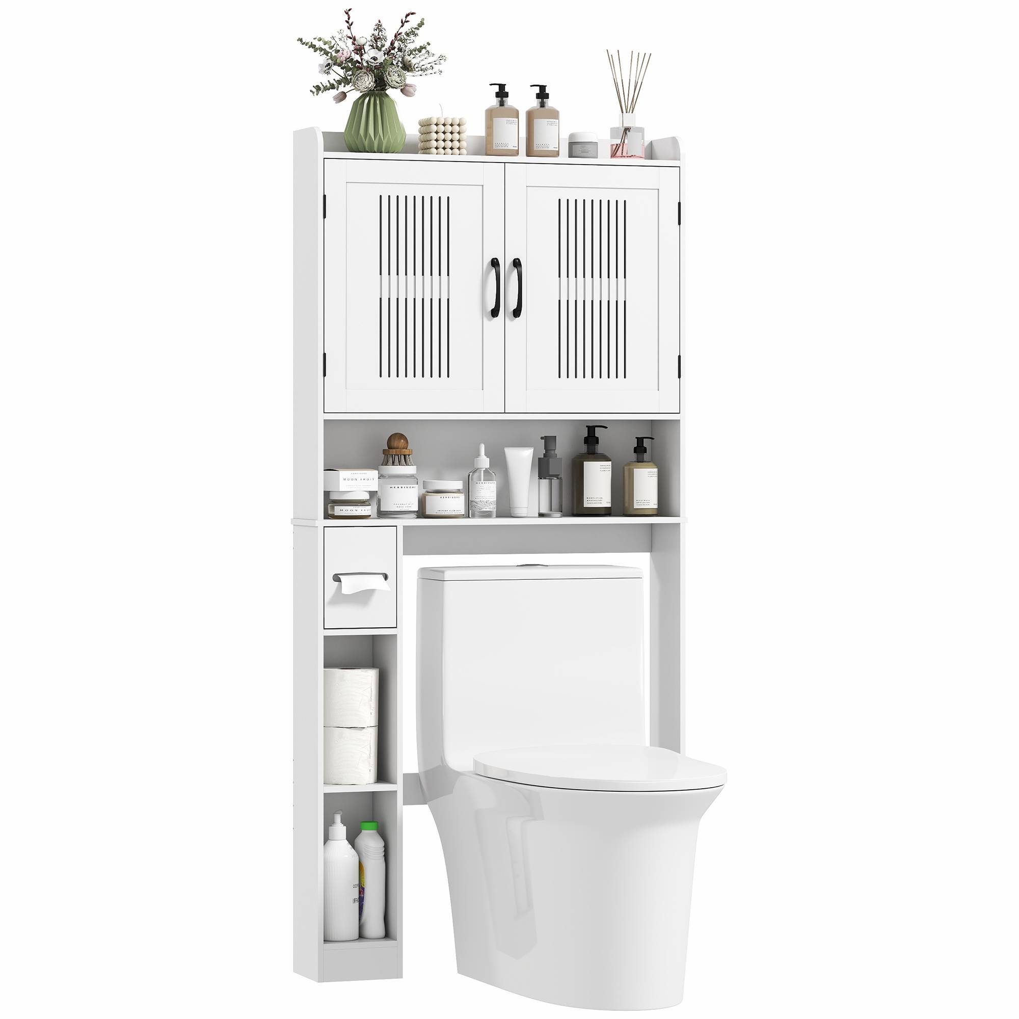 Sans Marque - Étagère suspendre dessus toilettes tablette réglable 2 portes porte-papier toilette étagères ouvertes salle bain blanche - Image 1