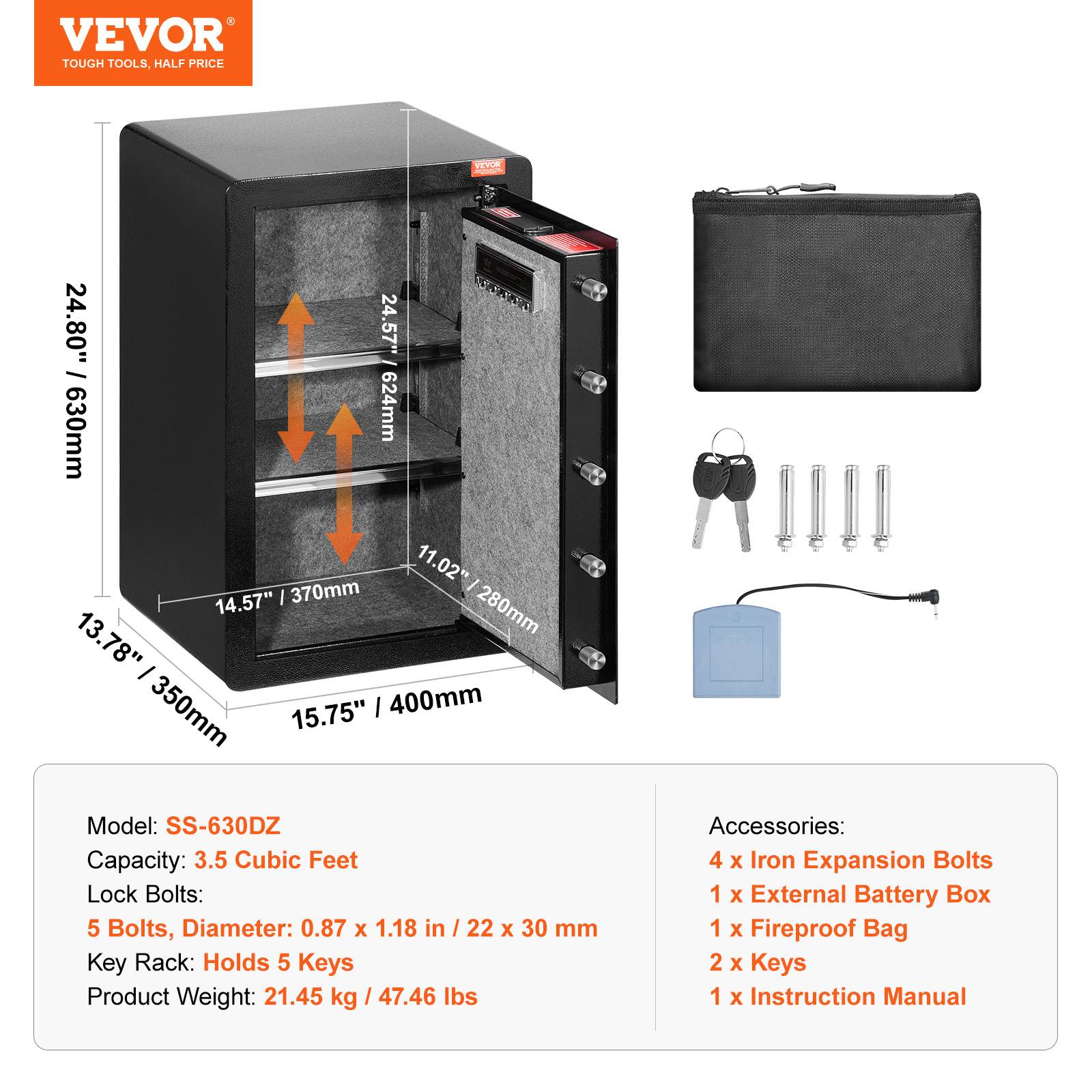 VEVOR Coffre-fort porte simple 99L, 2 façons déverrouillage clé/mot de passe, sac ignifuge, LED. - Image 7