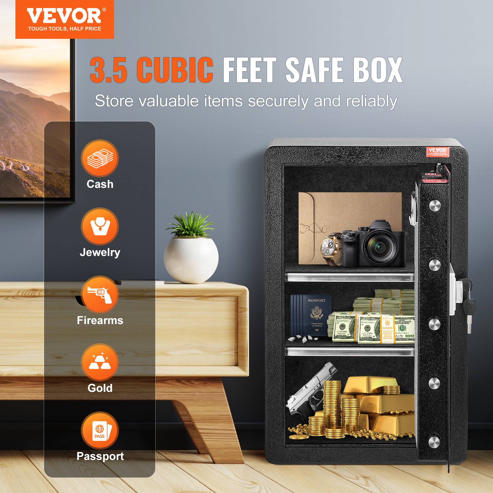 VEVOR Coffre-fort porte simple 99L, 2 façons déverrouillage clé/mot de passe, sac ignifuge, LED. - Image 2