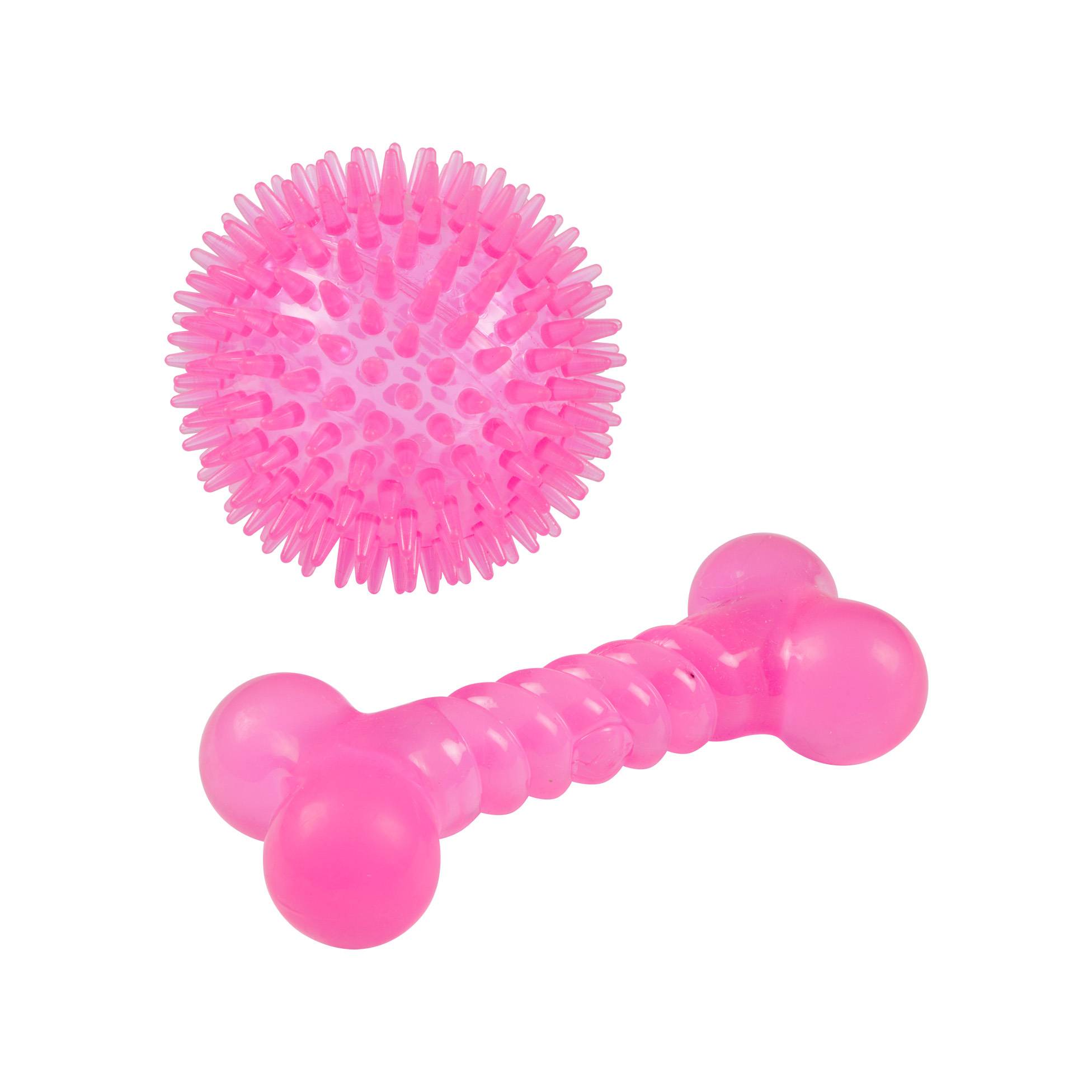 Set de 2 jouets balle et os rose 13 x 8 cm pour chien - Image 1
