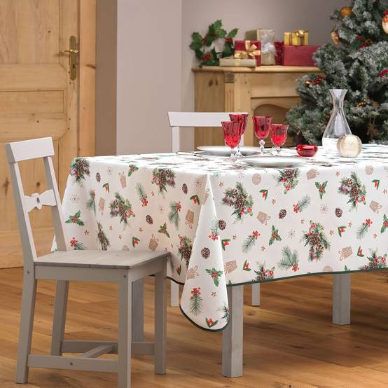 Sans Marque - Nappe rectangulaire antitache et infroissable Flore d'hiver - 150 x 240 cm - Blanc et vert - Douceur d'intérieur - Image 2