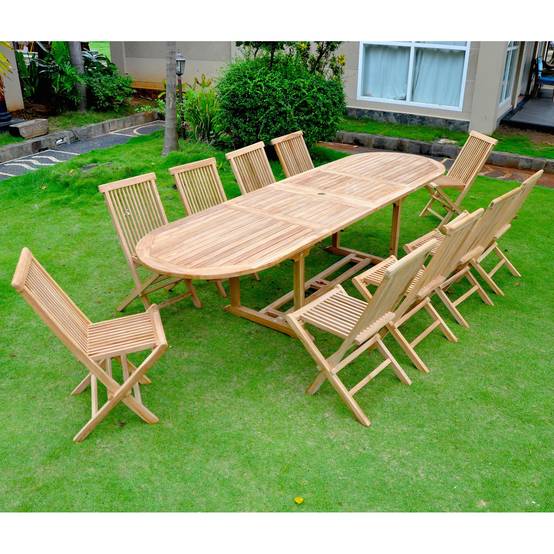 Salon de jardin Teck massif 10-12 personnes - Table ovale + 10 chaises KAJANG - Image 2