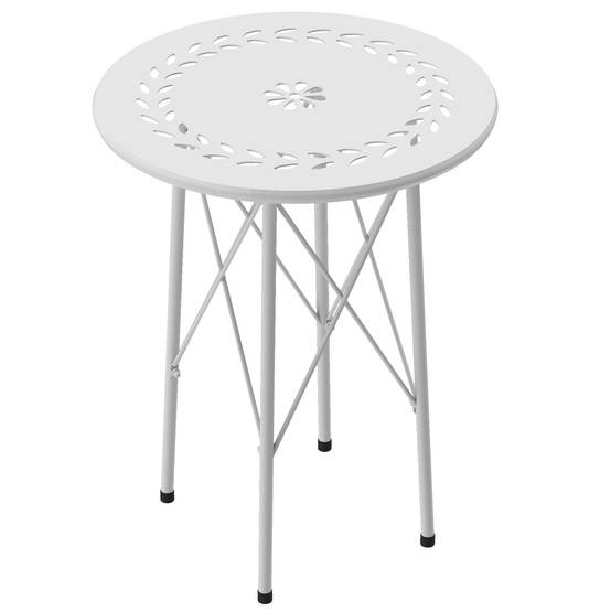 Sans Marque - Table jardin ronde acier motif floral feuillagé pieds réglables structure X Ø40x50 cm blanche - Image 2