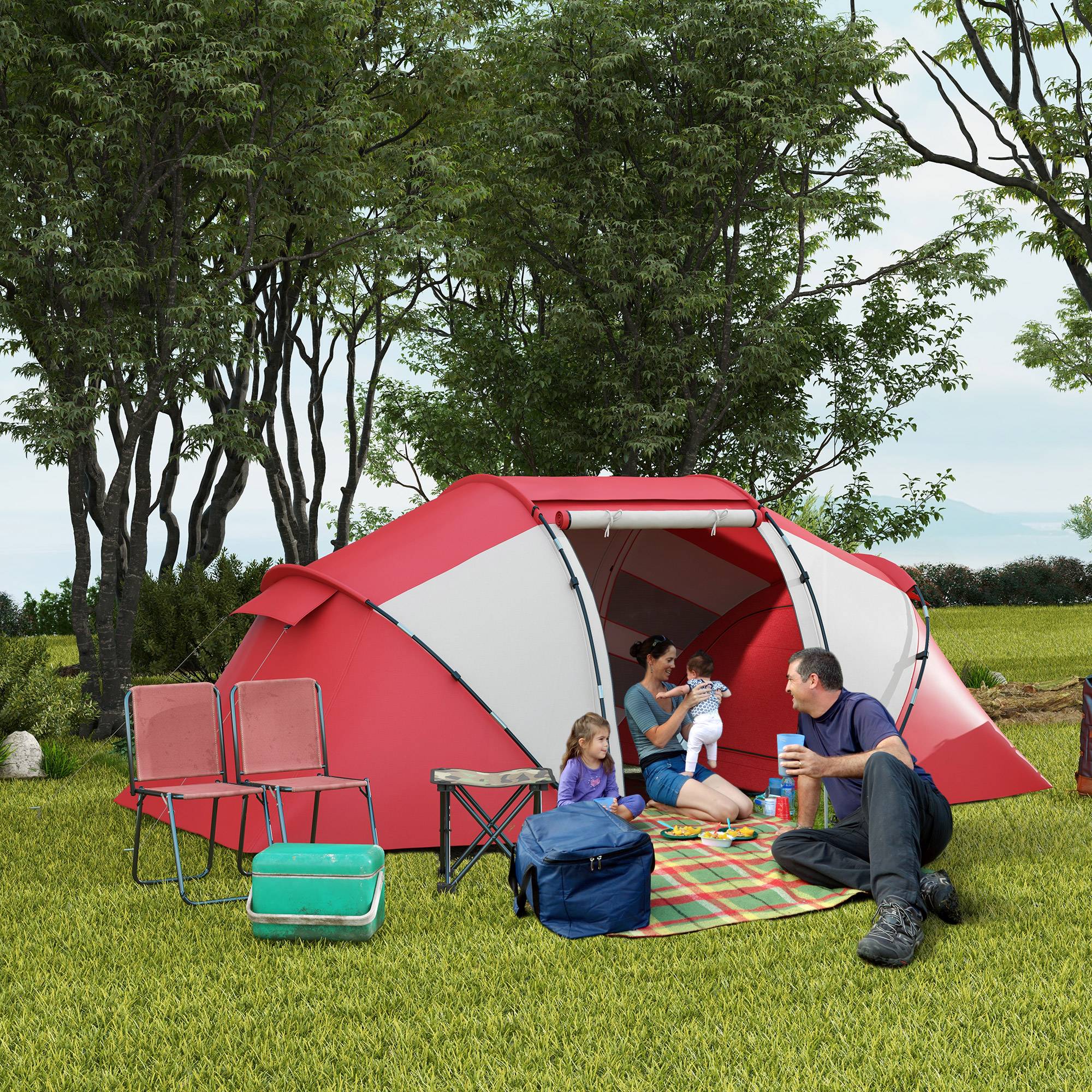 Tente de camping polyester gris rouge 430 x 240 x 170 cm - PANGIVO - Image 4