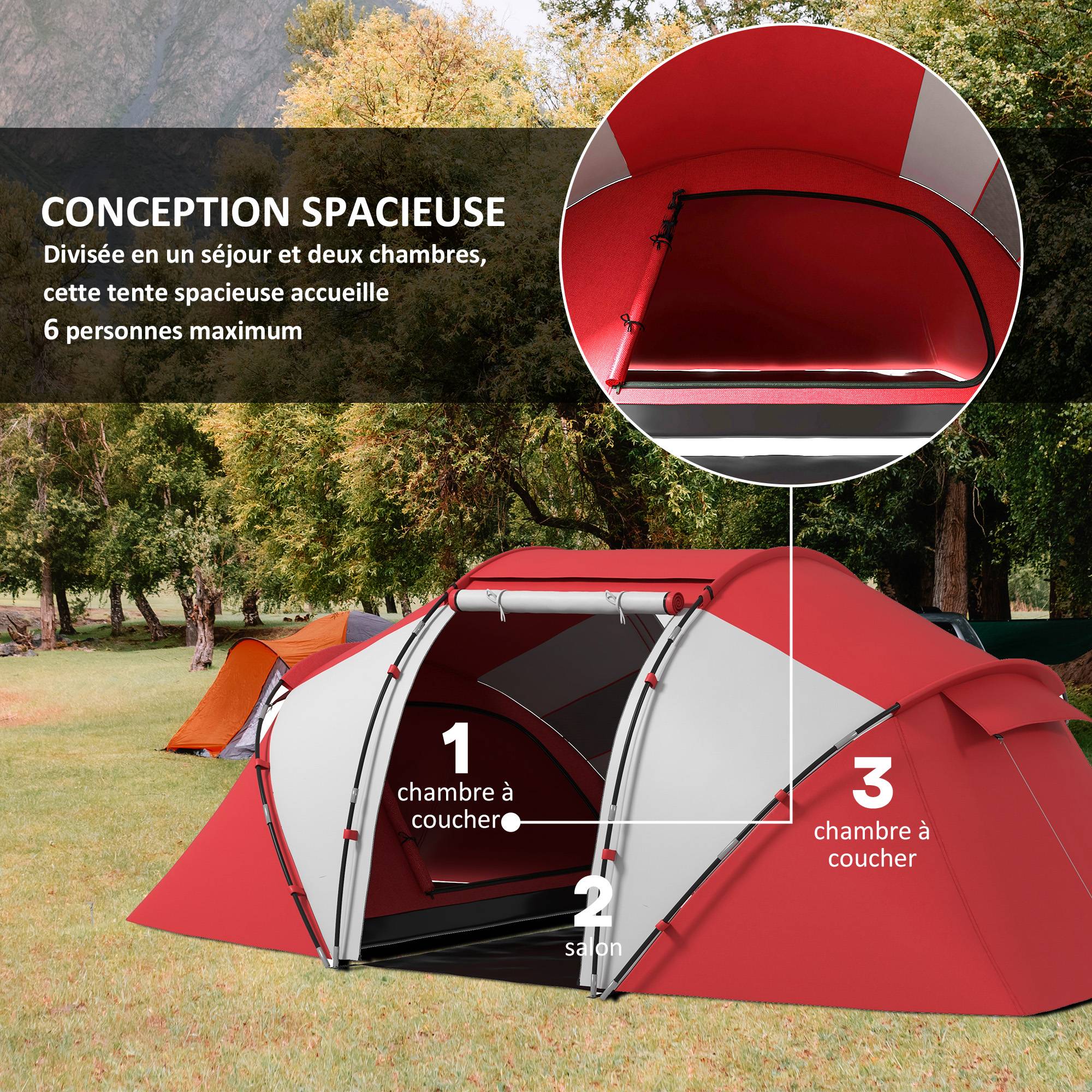 Tente de camping polyester gris rouge 430 x 240 x 170 cm - PANGIVO - Image 6