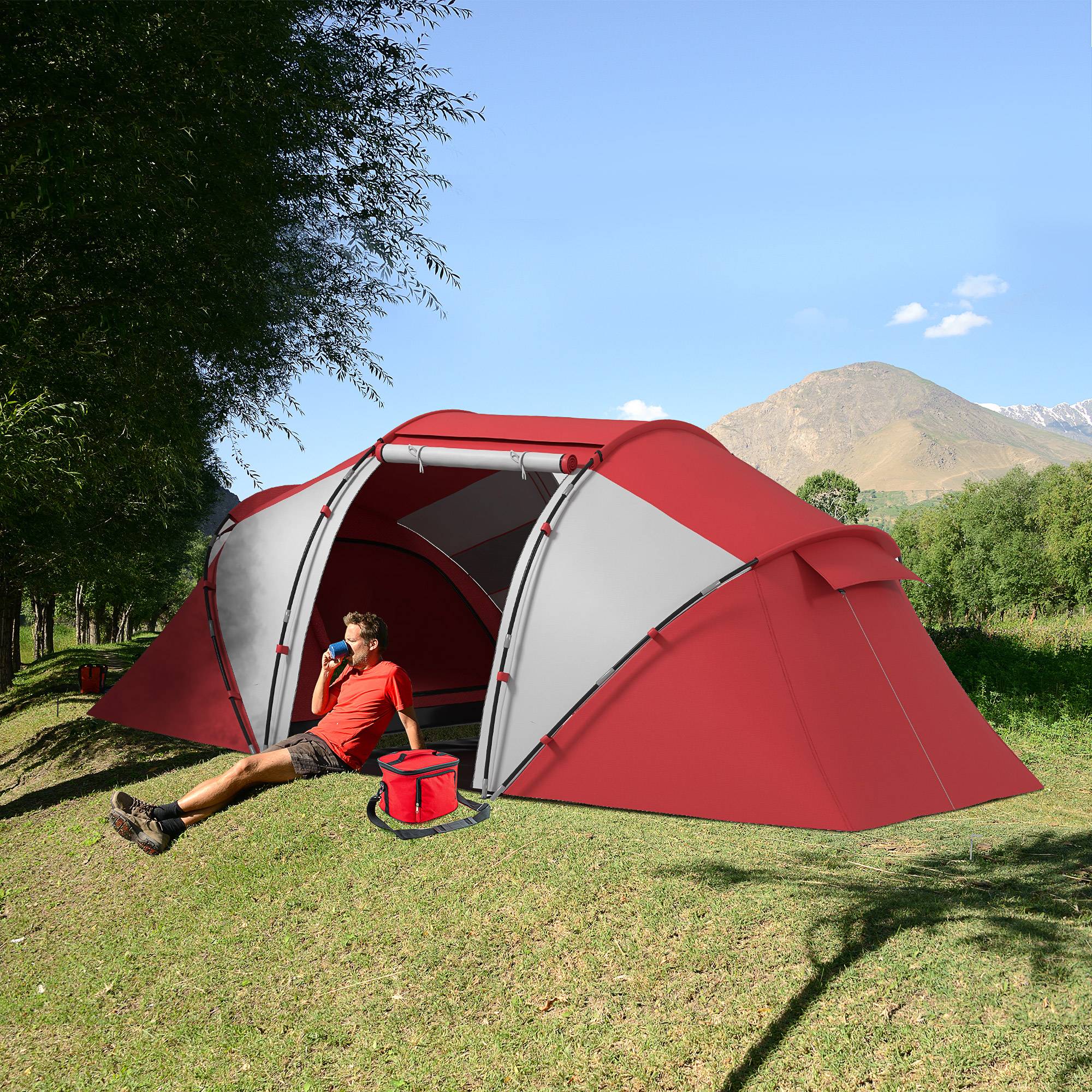 Tente de camping polyester gris rouge 430 x 240 x 170 cm - PANGIVO - Image 3