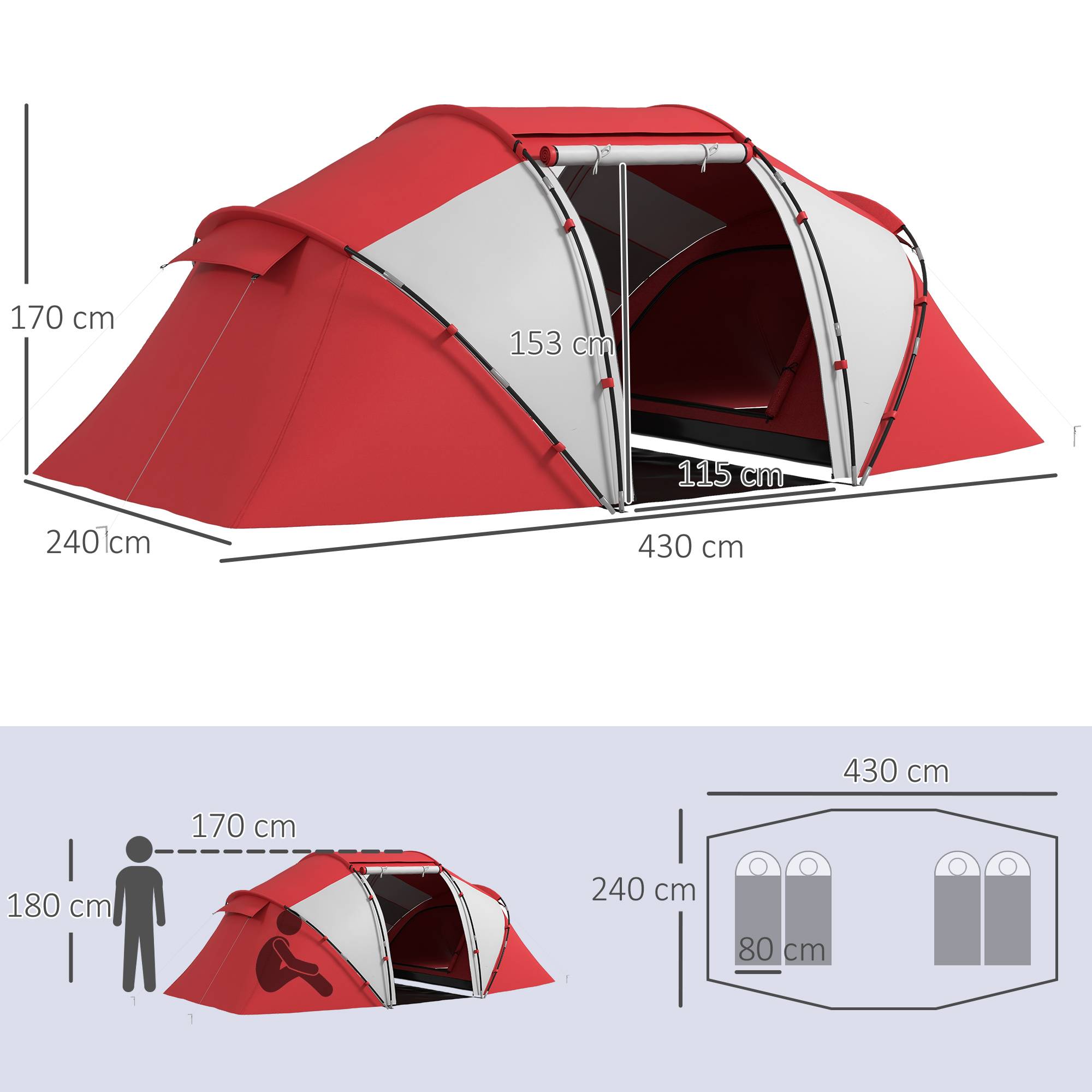 Tente de camping polyester gris rouge 430 x 240 x 170 cm - PANGIVO - Image 5