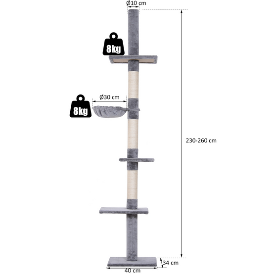 Arbre à chat PawHut jusqu'au plafond, 230-260 cm, poteaux sisal et plateformes, gris - Image 5