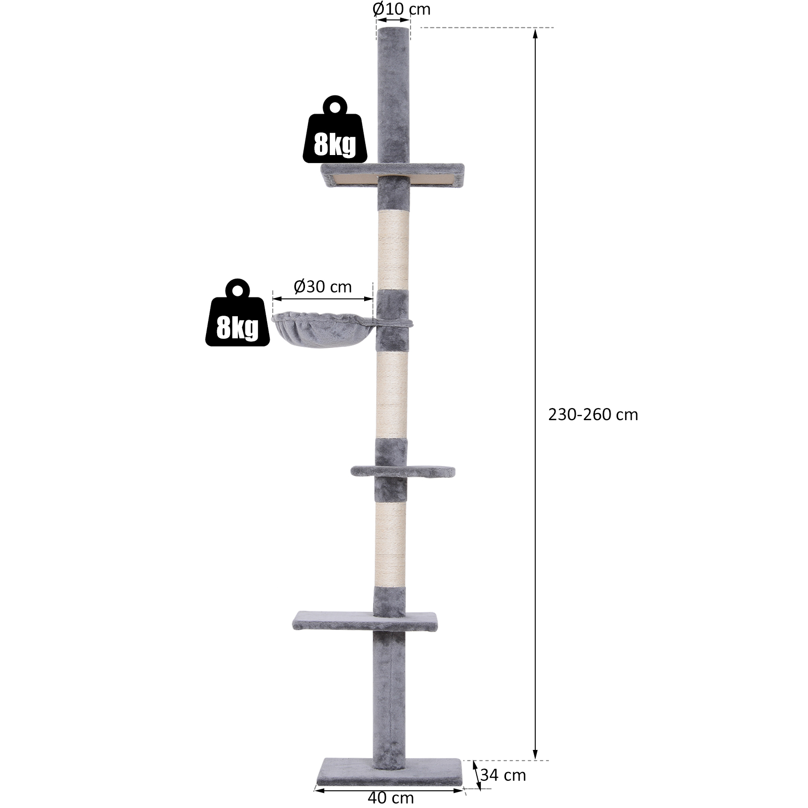 Arbre à chat PawHut jusqu'au plafond, 230-260 cm, poteaux sisal et plateformes, gris - Image 5