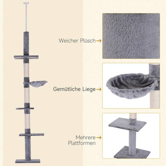 Arbre à chat PawHut jusqu'au plafond, 230-260 cm, poteaux sisal et plateformes, gris - Image 8