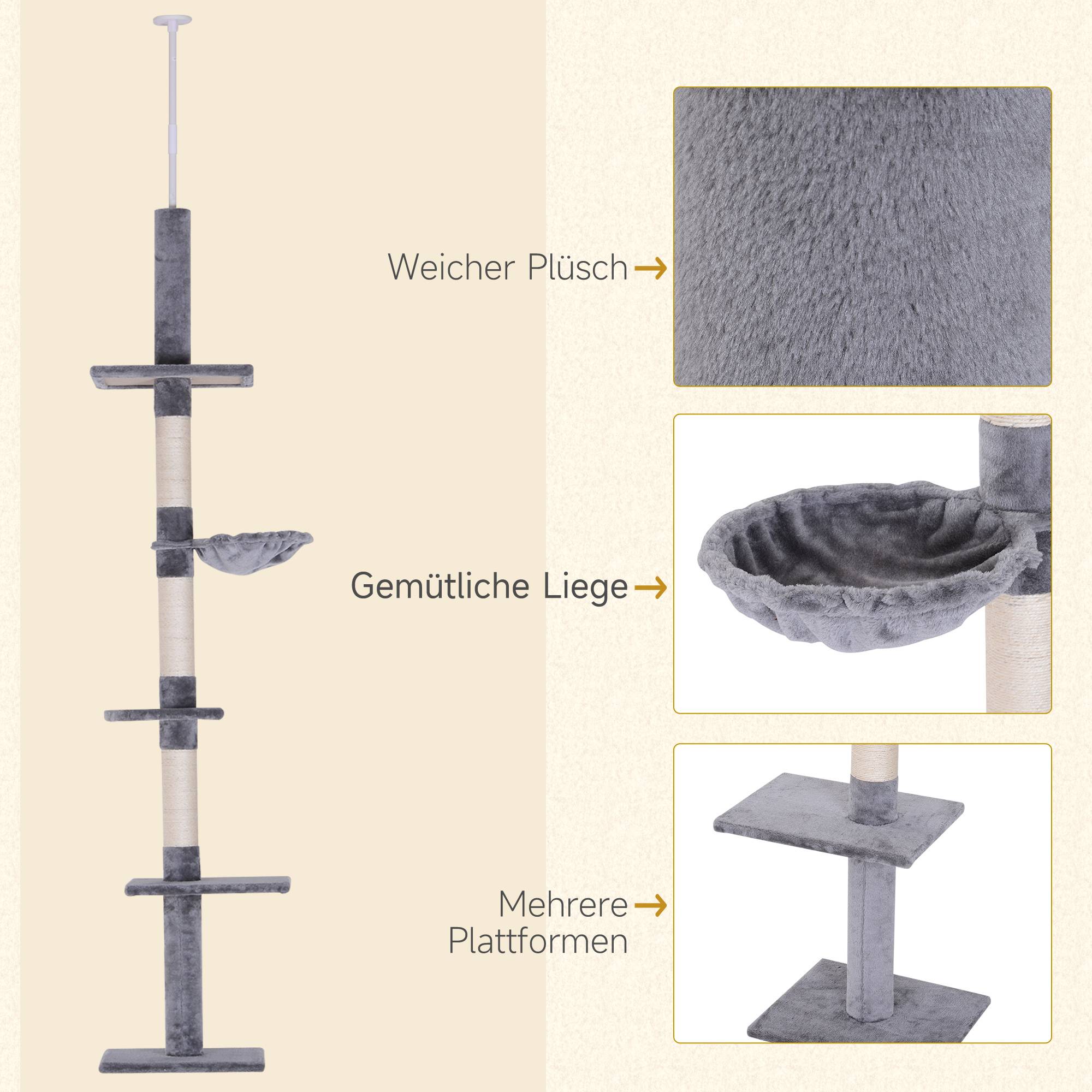 Arbre à chat PawHut jusqu'au plafond, 230-260 cm, poteaux sisal et plateformes, gris - Image 8