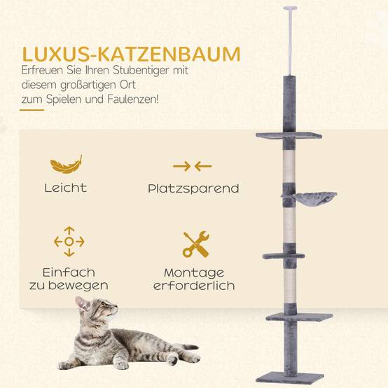 Arbre à chat PawHut jusqu'au plafond, 230-260 cm, poteaux sisal et plateformes, gris - Image 6