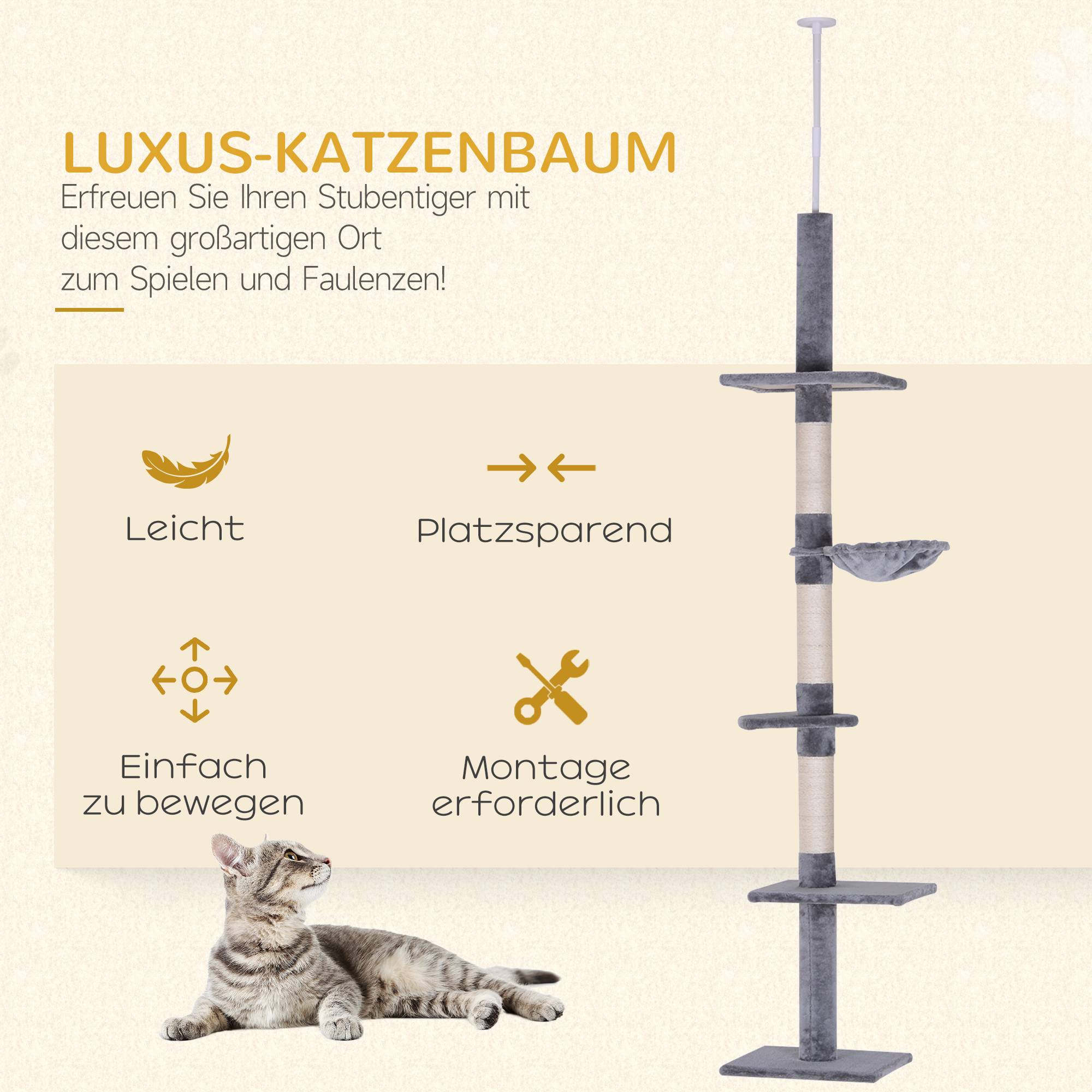 Arbre à chat PawHut jusqu'au plafond, 230-260 cm, poteaux sisal et plateformes, gris - Image 6